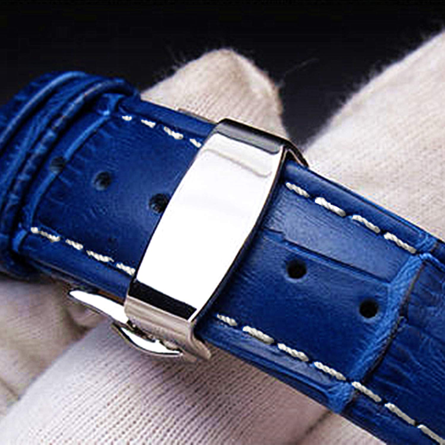 Moran Quick Release Leather Watch Bands Deployment Butterfly Buckle 18mm 20mm 22mm 24mm Blue Black Brown Calfskin Replacement Watch Strap for Men & Women
