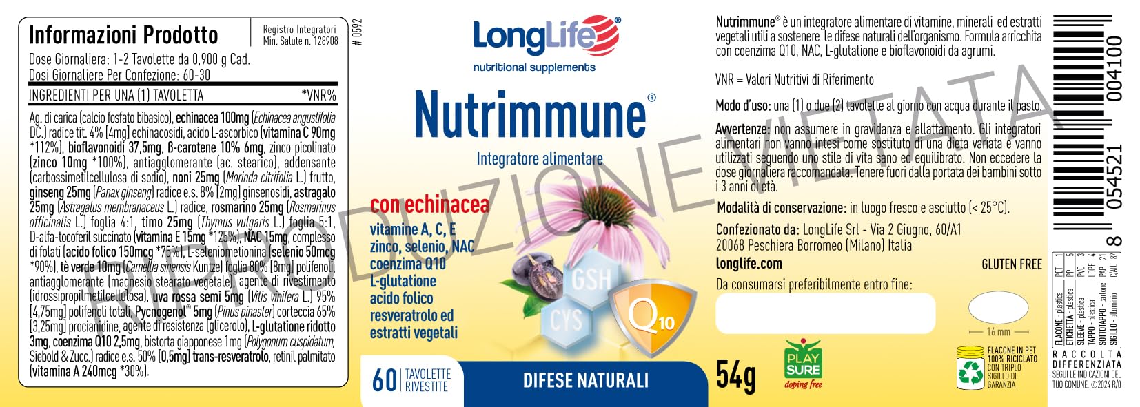 LongLife Nutrimmune® | Echinacea, astragalo, vitamina C, E, A, zinco, selenio, NAC, L glutatione, CoEn Q10, acido folico ed altri estratti vegetali | Difese immunitarie | 2 mesi di trattamento