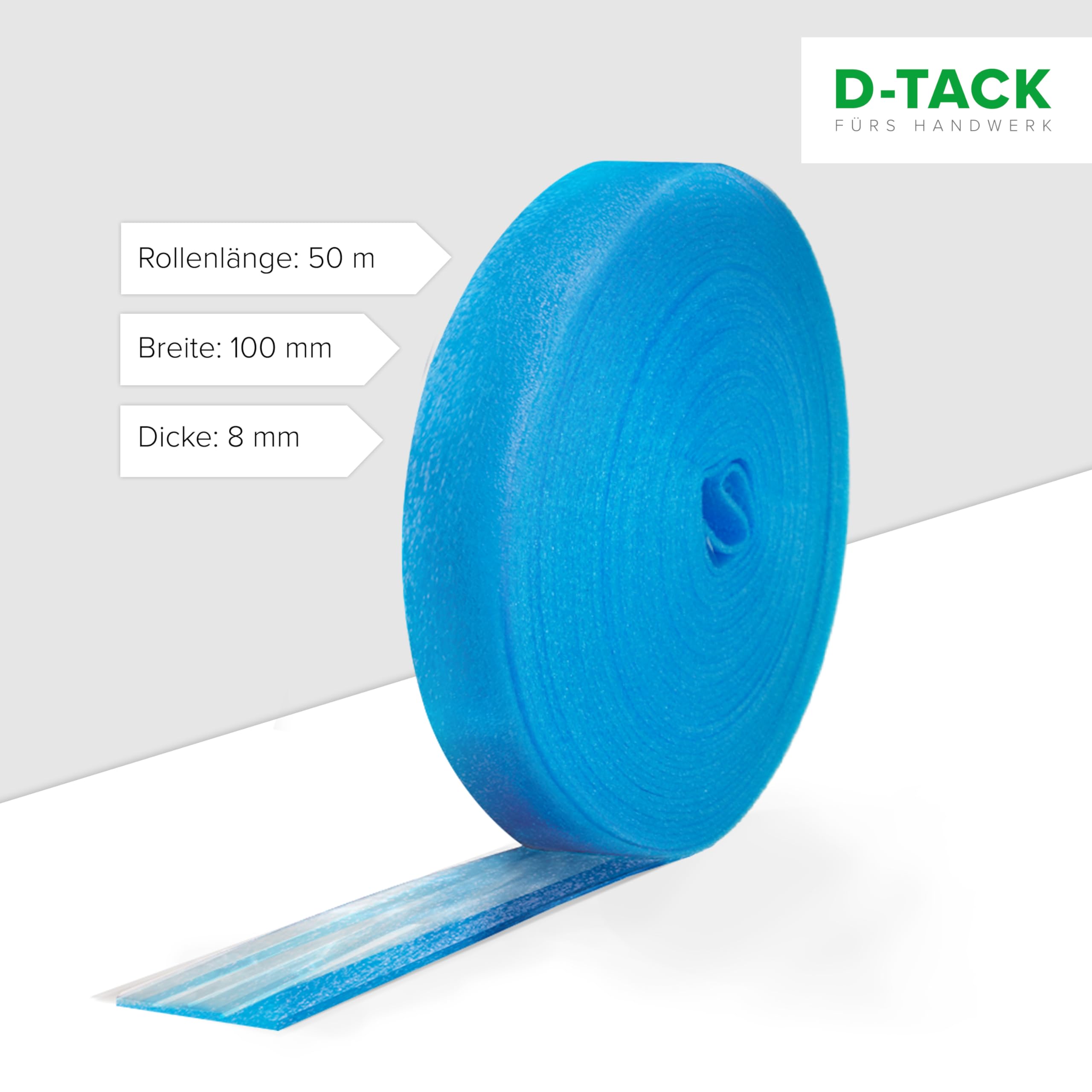 D-TACK Randdämmstreifen Folie | 8 x 100 mm | 50 m Rolle | Dämmstreifen für Estrich & Fußbodenheizung | Dehnfugenband & Trennstreifen für Boden- & Wandanschluss