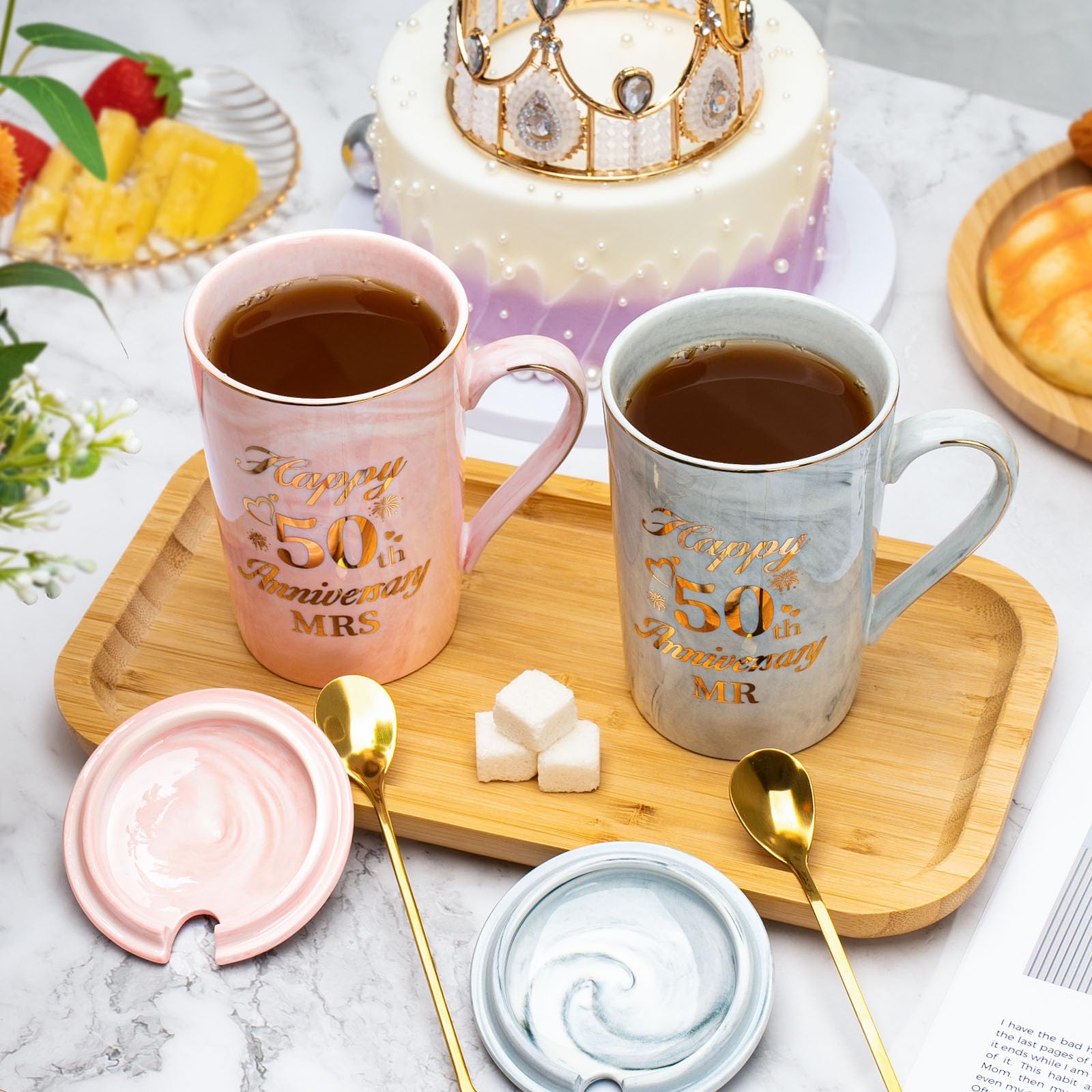 Regalos 50 Aniversario Boda, Regalos para Bodas de oro 2PCS Tazas 400ml, 50 Aniversario Bodas or-o, Bod-as de 50 Aniversario Cerámica Jaspeada Taza con Cucharas, Tarjetas, Cajas de Regal-o