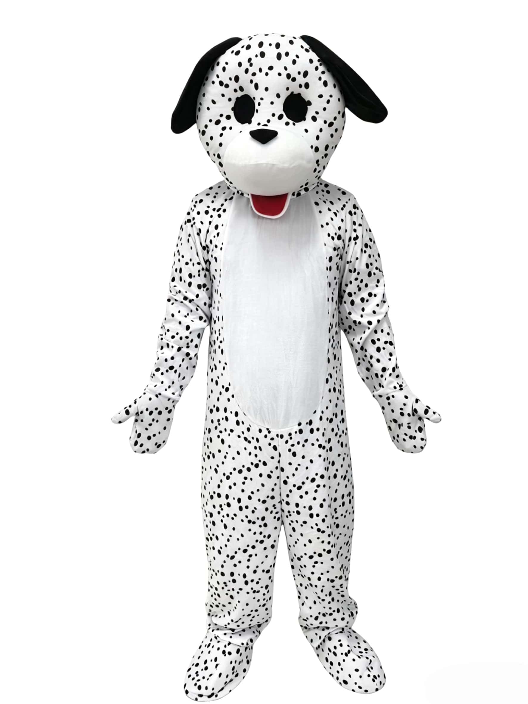 Costume da dalmata in peluche maculato bianco e nero per cuccioli, vestito per adulti