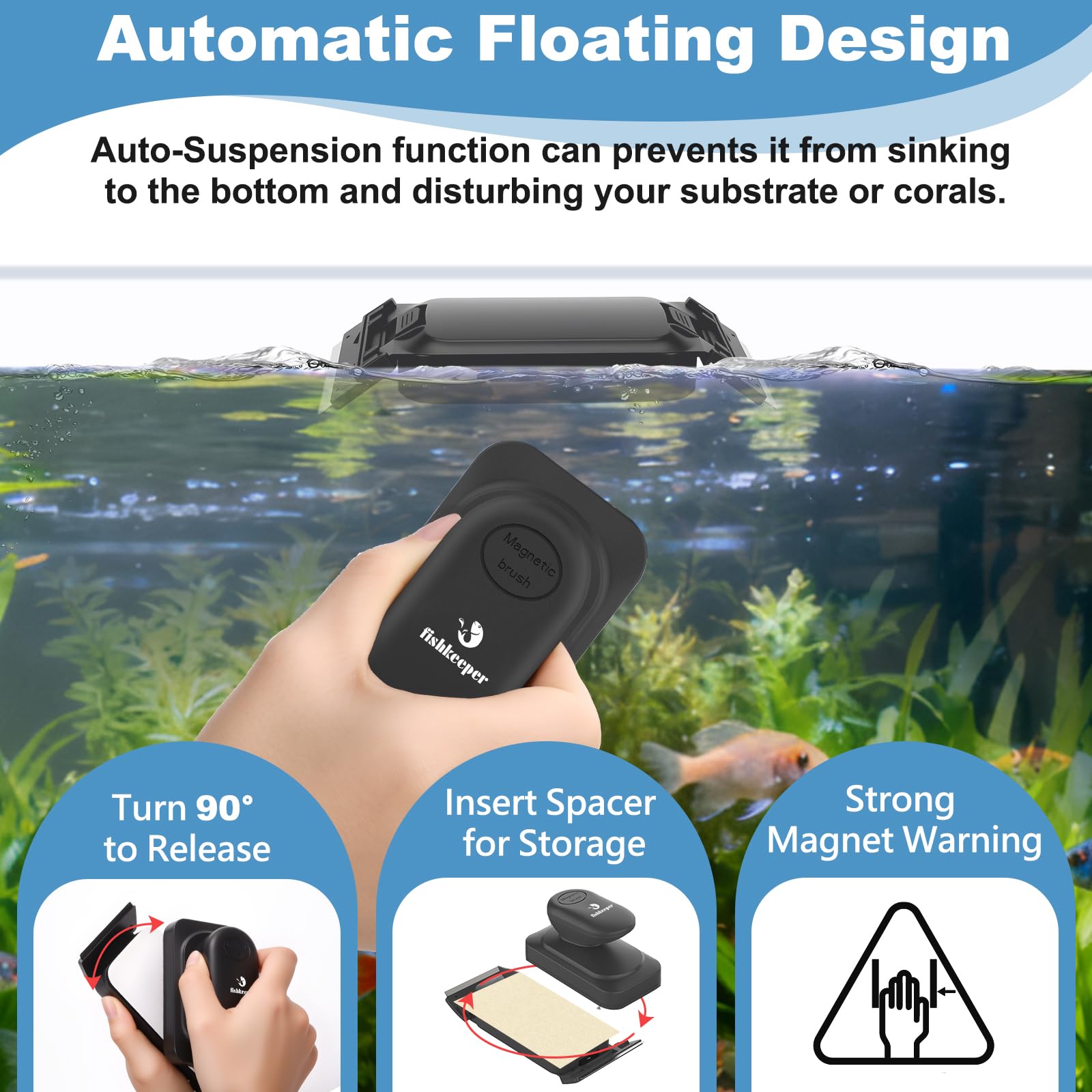 fishkeeper Nettoyant magnétique pour vitres d'aquarium avec 4 racloirs à algues | Brosse flottante 2 en 1, nettoyeur magnétique double face pour aquariums en verre et acrylique de 1 à 1,5 cm d'épaisseur (L)