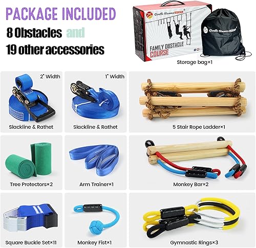 Miniatura 7 de Carrera de obstáculos Ninja Warrior para niños capacidad de peso de 600 libras línea de holgura de 2 x 56 pies con 8 accesorios Ninja - Barra de