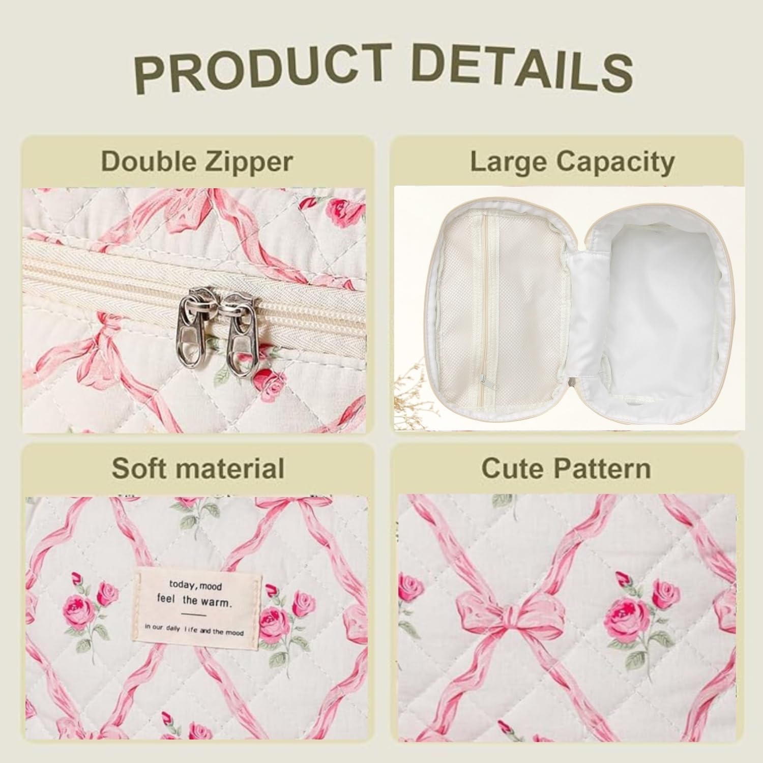 Floral Quilted Makeup Bag Set for Women Aesthetic Travel Large Cute Cosmetic Toiletry Pouch Lightweight Cotton Tote Purse Organizer Insert Valentines_Gifts for Her, c01 (3PCS#08Bowknot Rose)