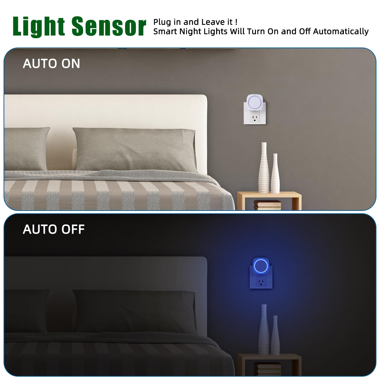 LED-Nachtlichter zum Einstecken in die Wand, indirektes, weiches, dimmbares Nachtlicht mit Staub- bis Morgendämmerungssensor, blaues Nachtlicht für Schlafzimmer, Badezimmer, Küche, Treppen, Flur,