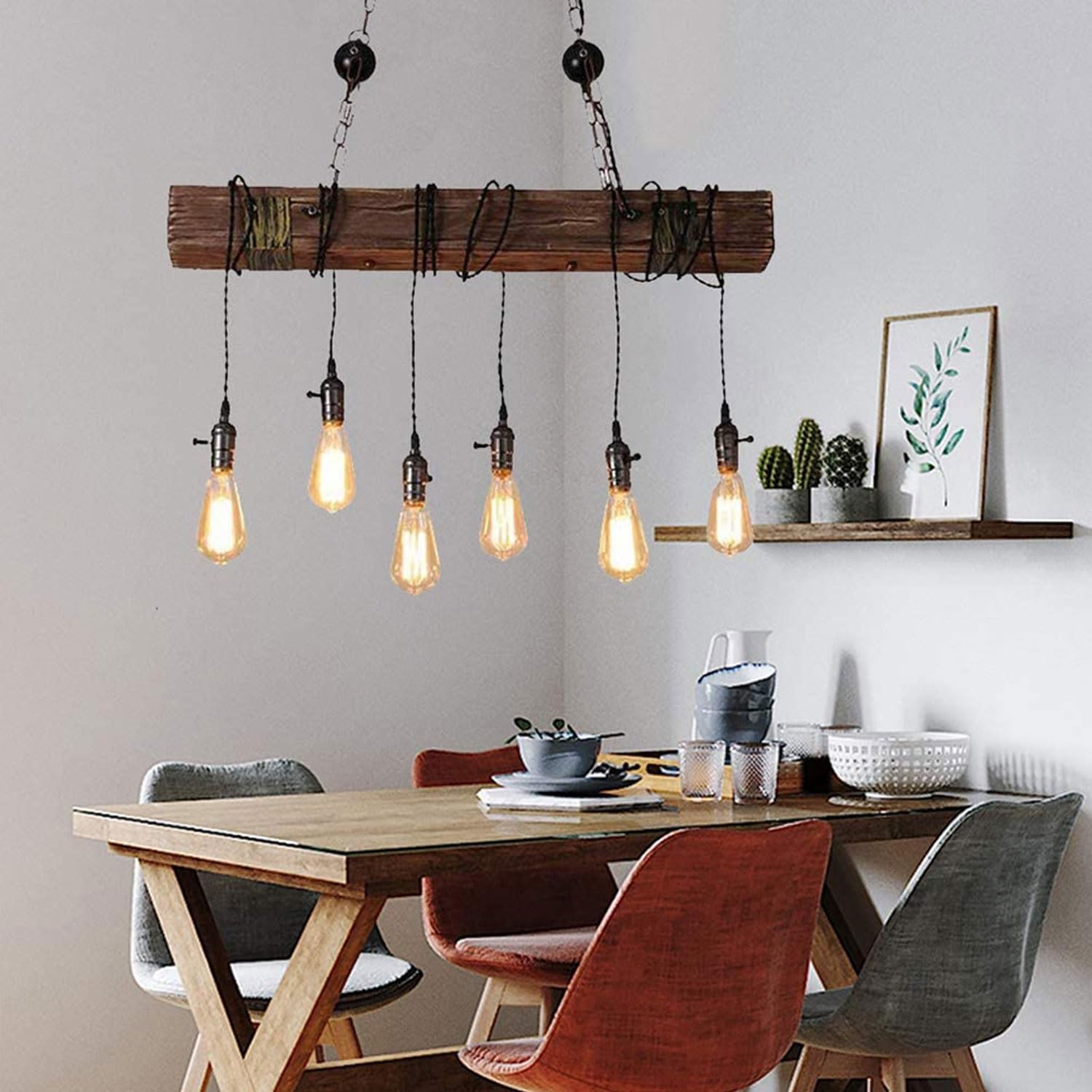 Drewniana belka w kształcie gałęzi wisząca restauracja przemysłowa wisząca retro 6 płomień metalowa E27 żarówka bar kuchnia 80 cm, bez żarówki,