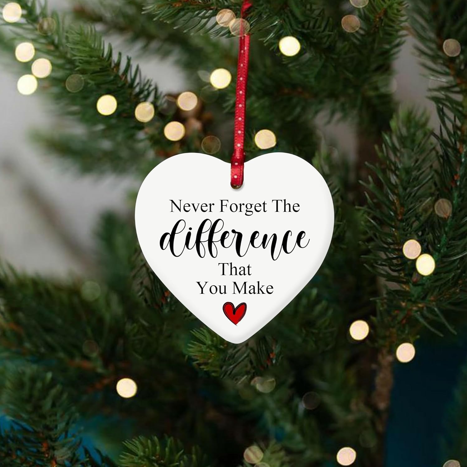 Never Forget The Difference You Make Ornament, 2.7 Inch Heart Shaped Ceramic Hanging Sign with Inspirational Quote, Appreciation Gift for Teachers, Coworkers, Nurses, Friends & Volunteers - Image 6