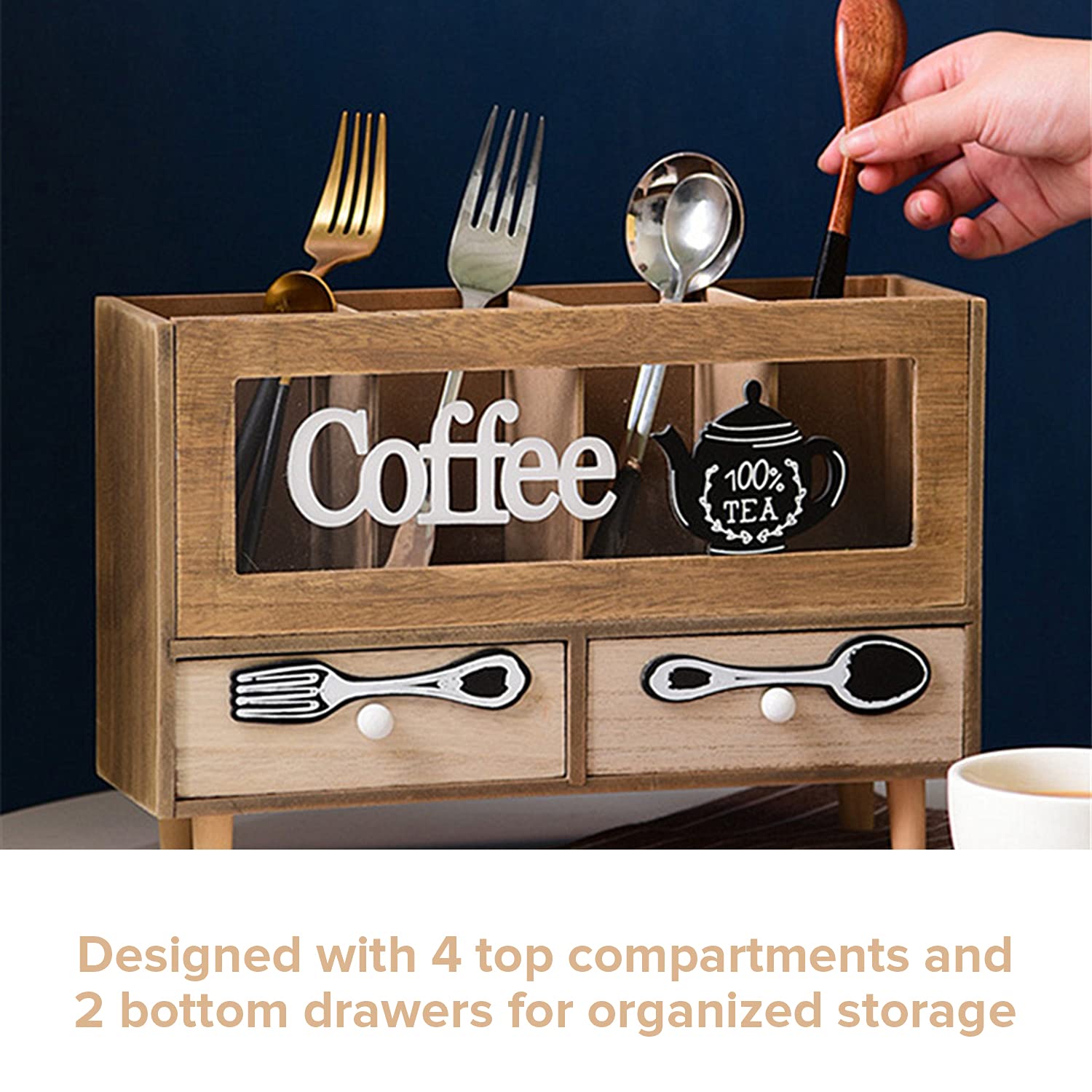 Organisateur De Station Café En Bois - Avec Tiroir Et Séparateurs - Rangement Tasses Et Accessoires - Pour Maison Et Bureau - 4