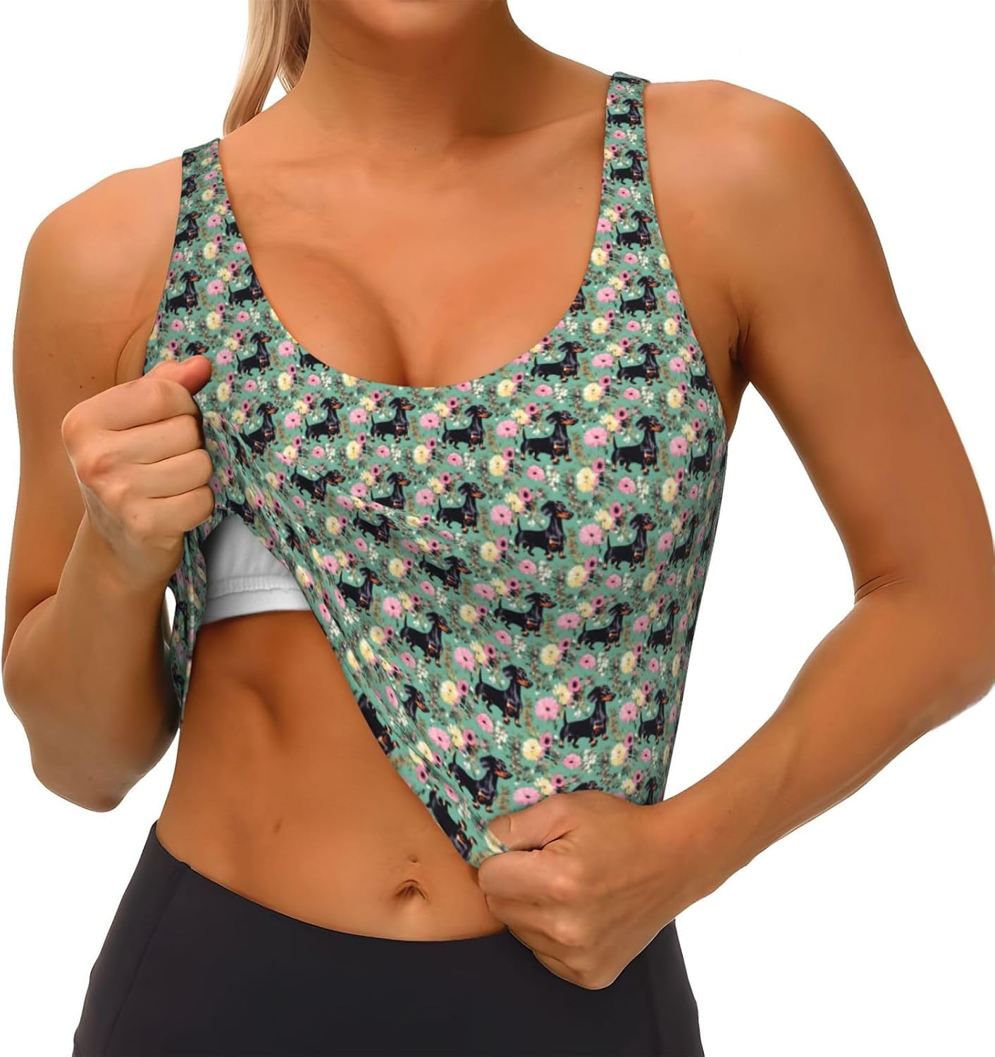 Dachshund Florals Print Women's Sports Vest Breathable for Yoga Running Gym Athletic Casual Sleeveless Top