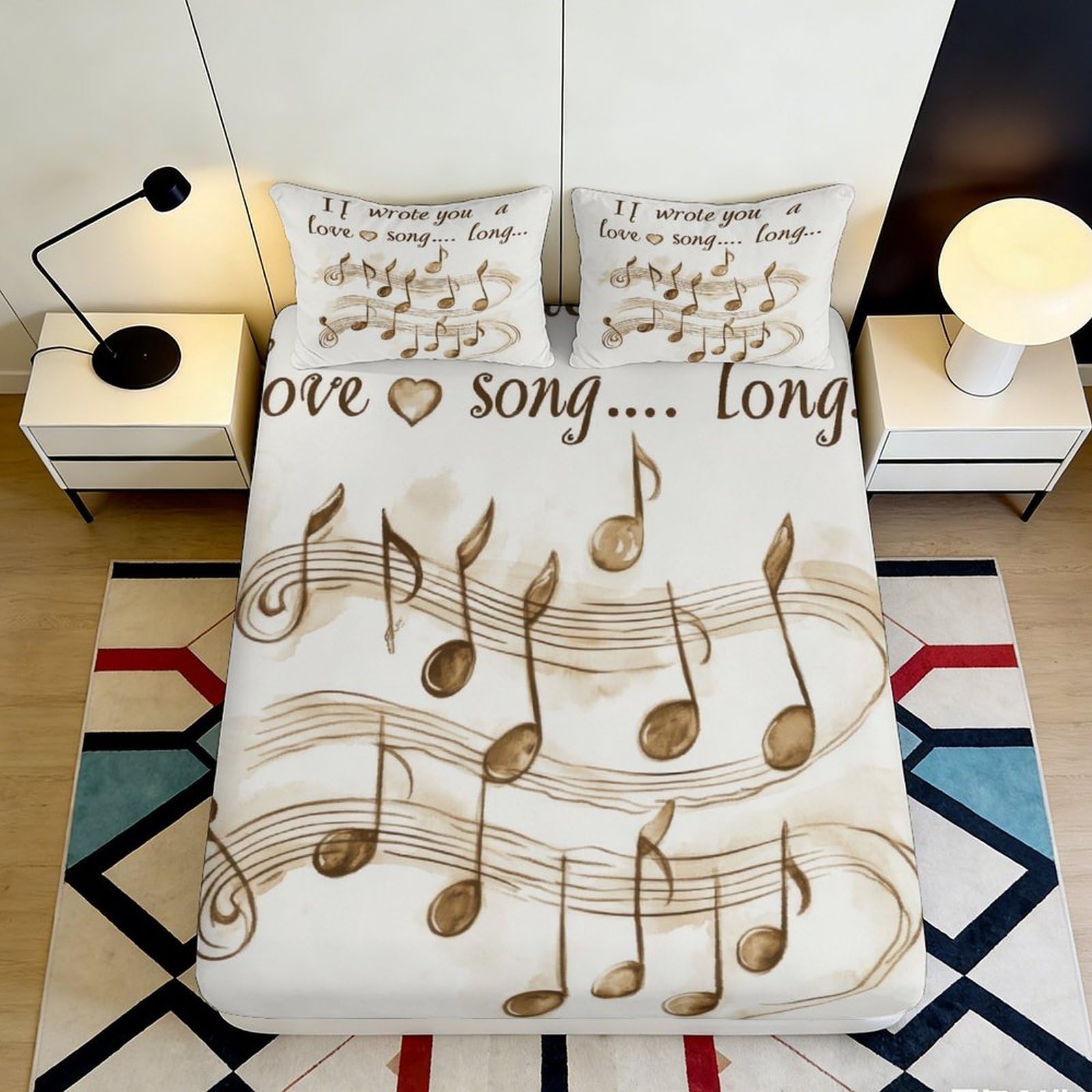 3D Printed Musical Notes Fitted Sheet Microfiber Soft Beige Bedroom Decor Song Lyrics Mattress Cover for Adults Teens 90x200x25cm