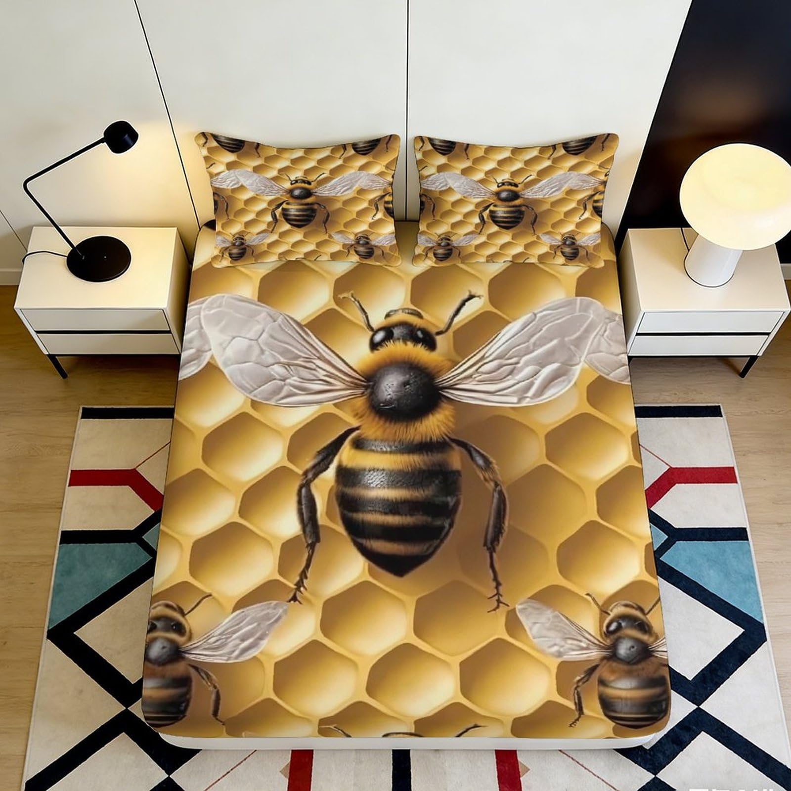 3D Printed Honeycomb Bee Fitted Sheet Microfiber Soft Non-slip Bed Sheet Bedroom Dorm Mattress Cover Decor 90x200x25cm