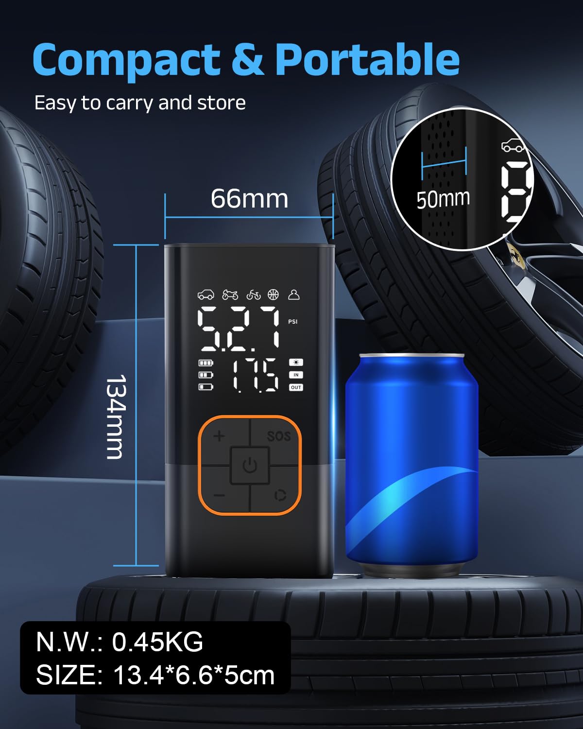 Tyre Inflator Air Compressor, Cordless Electric Bike Pump & Car Tyre Pump with Digital Pressure Gauge 150 PSI, Dual Values Display, LED Light, Portable Tyre Inflator for Car/Bicycle/Motocycle/Ball — view 8