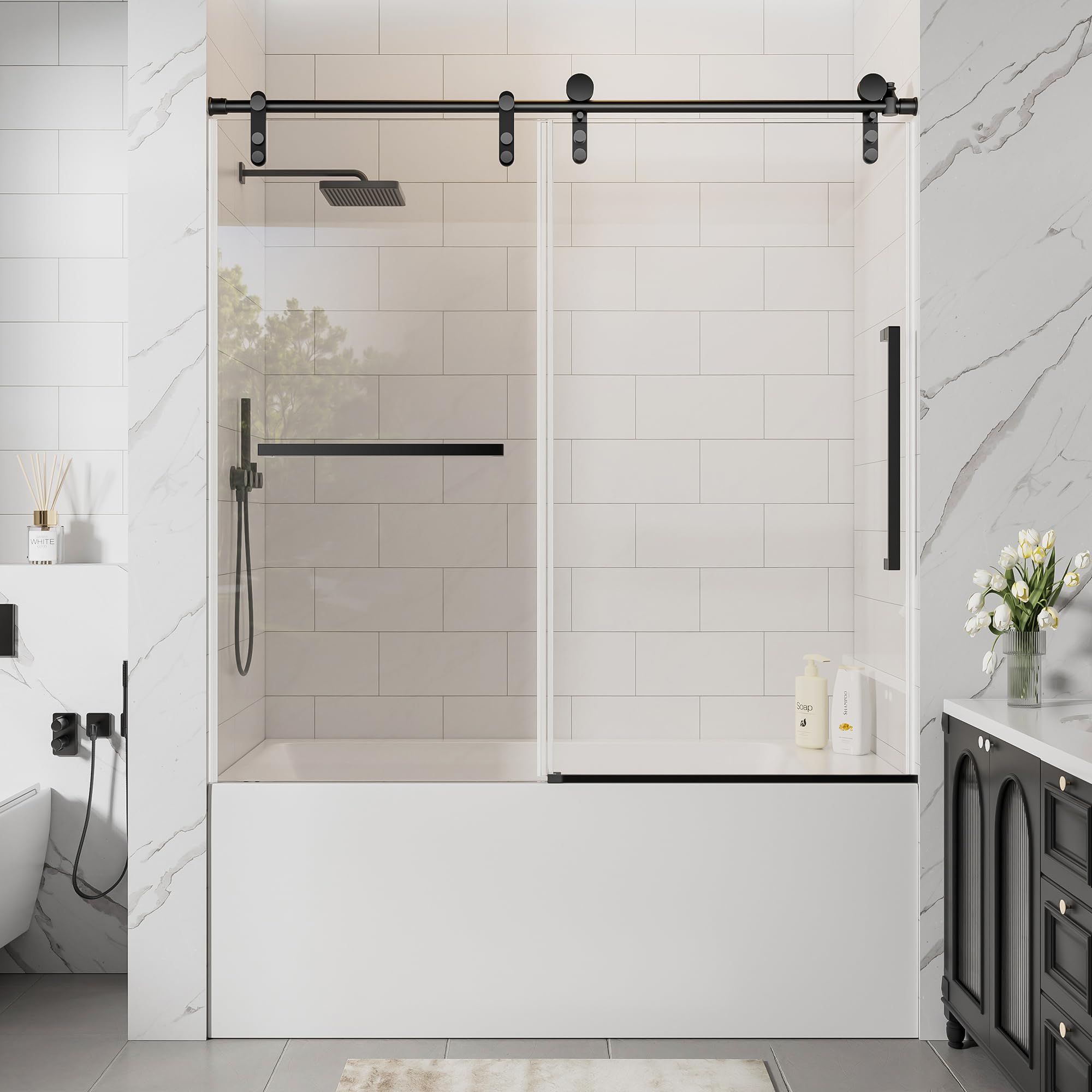 bathtub shower door 56-60" w x 60" h, single sliding bath tub door, 5/16" (8mm) tempered glass frameless tub shower door, explosion-proof film and nano-coated, stainless steel hardware, matte black