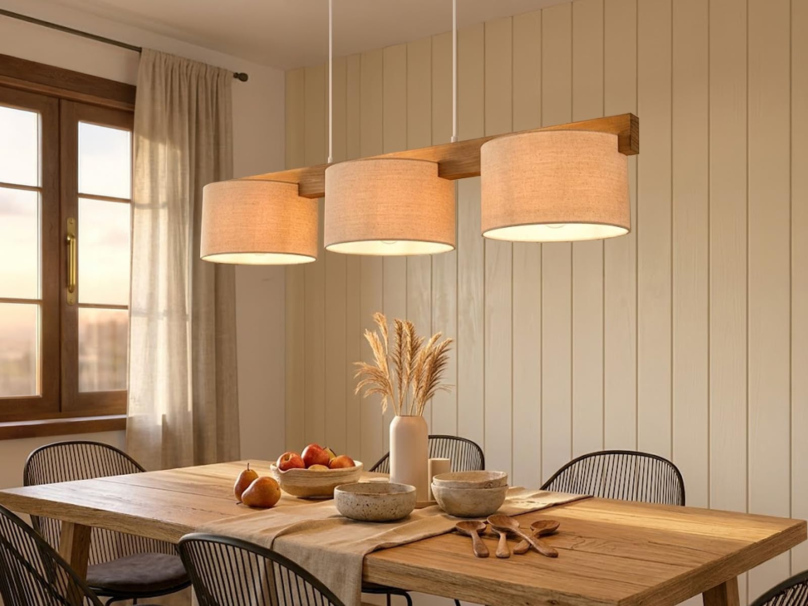 meineWunschleuchte Pendelleuchte mit Holzbalken & Stoff Beige, Breite 100cm, Esstischlampe Holz 3-flammig E27 skandinavisch