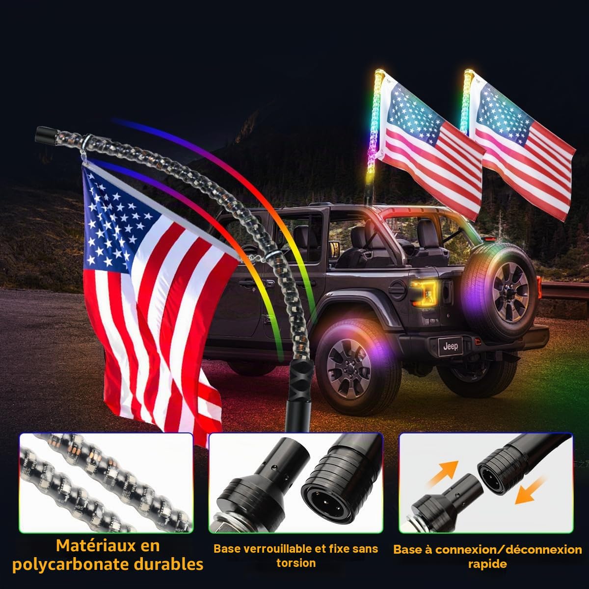 Lot de 2 fouets LED avec application et télécommande, fouet d'antenne RVB spiralé pour VUTT, ATV, RZR, SXS, Can-Am, dune buggy, camion tout-terrain (91 cm)