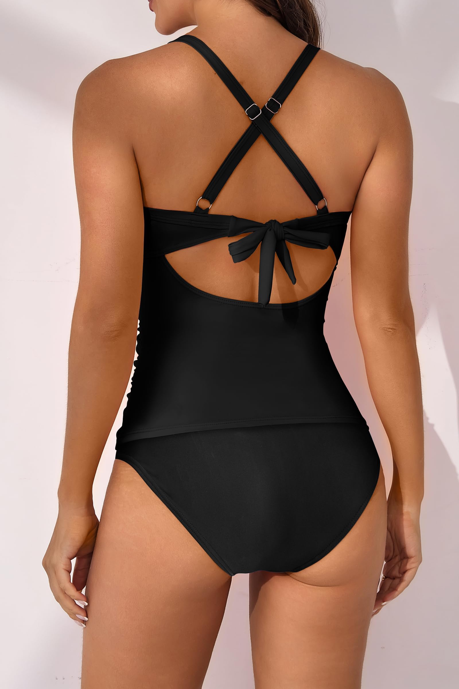 Photo 1 of B2prity Women's Ruched Tankini Swimsuits V Neck Wrap Tie Back Two Pieces Bathing Suit Tummy Control Swimwear(Black)