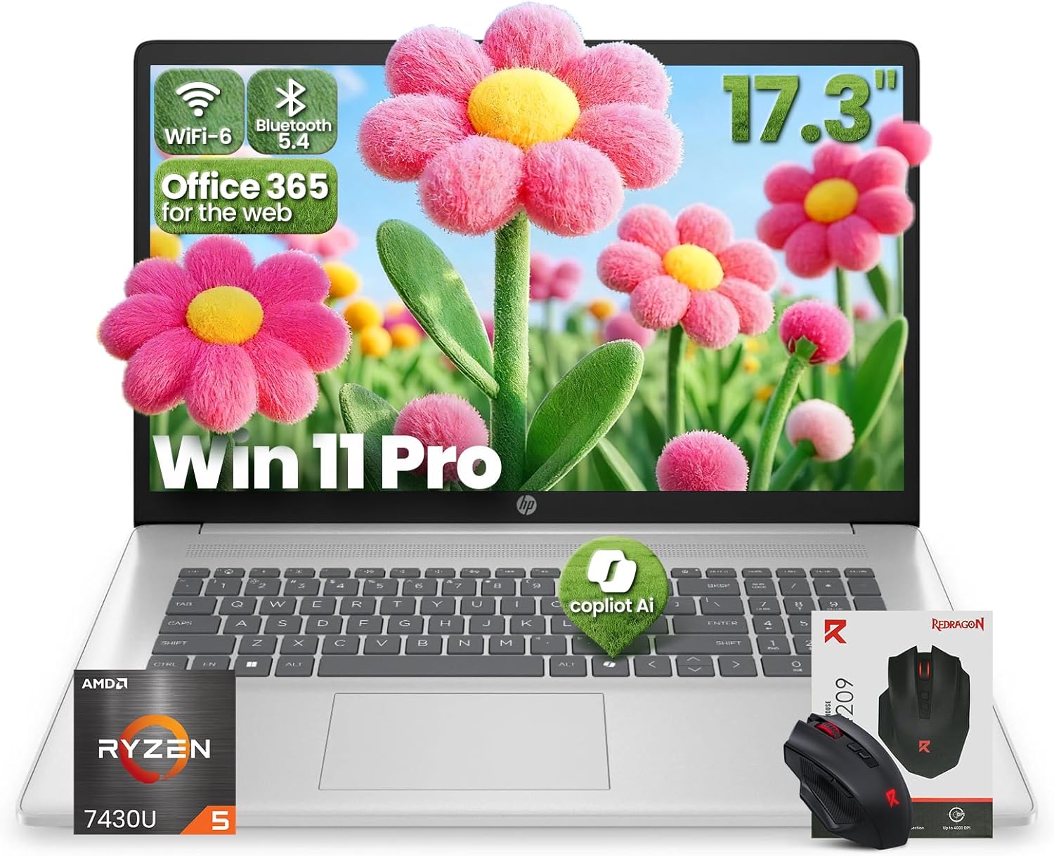 HP 17.3" Laptop AMD Ryzen 5 7430U 64GB RAM 2TB SSD Win11 Pro FHD IPS WiFi 6 BT 5.4