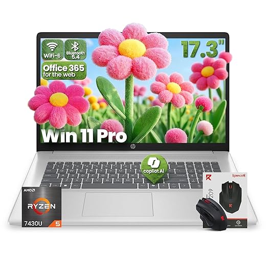 HP 17 inch laptops, AMD Ryzen 5 7430U(Beats i7-1255U), 64GB RAM 2TB SSD, Windows 11 Pro, 17.3" FHD IPS 300Nits Display, Copilot AI, HDMI, Wi-Fi 6 & Bluetooth 5.4, Accessory kit