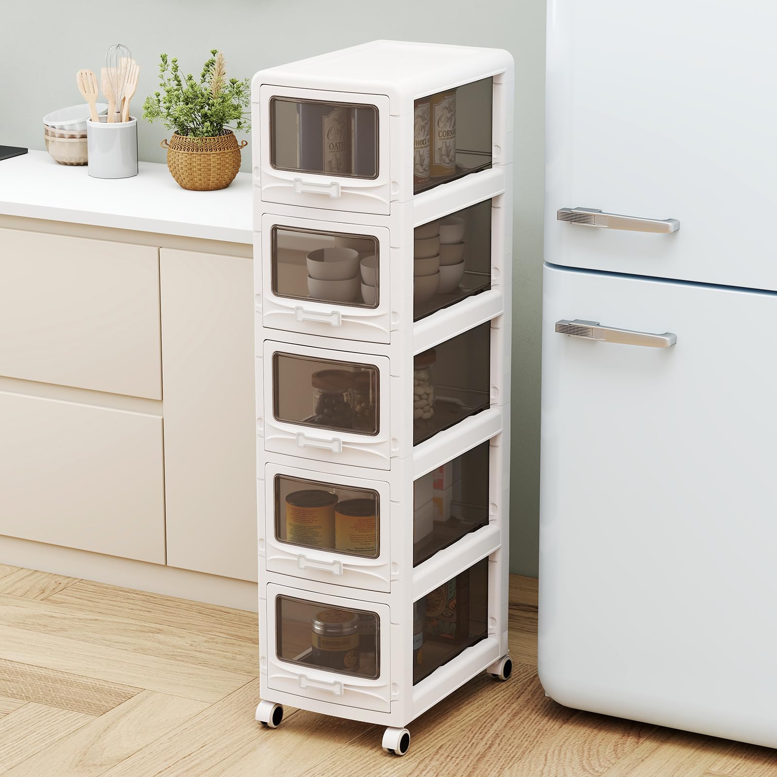 COSTWAY Cassettiera Plastica Trasparente con 5 Cassetti, Carrello Salvaspazio con Ruote Bloccabili e Maniglie, Design Antipolvere, Piedistallo Mobile per Bagno, Cucina e Ufficio (5 cassetti)