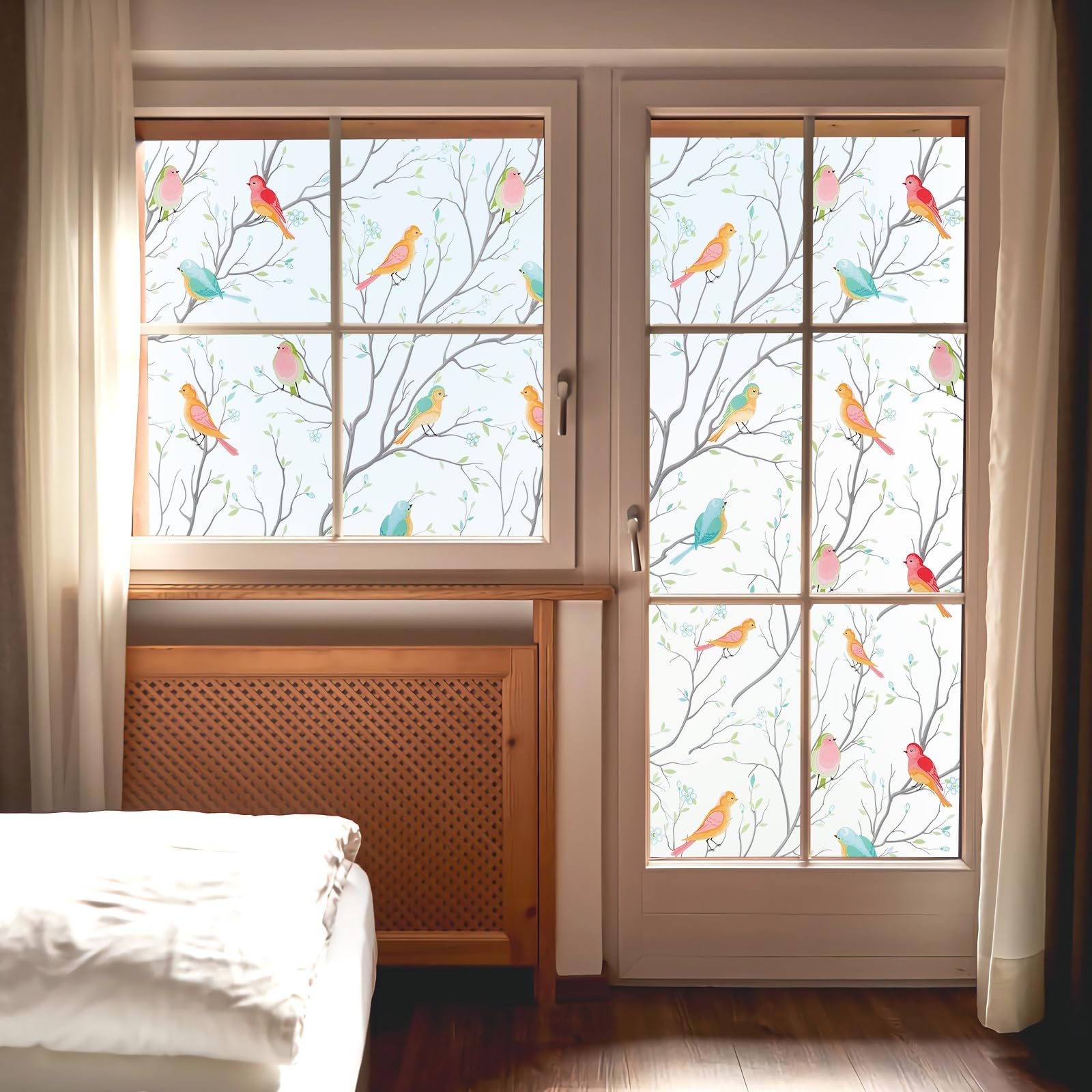 WOO Home Frosted Glass Window Film & Stickers (12 X 24 inch) Privacy Window Cover for Glass Window & Glass Door - Easy Apply, Removable Decorative Film (Multi Colour Bird Film | 1 X 2 SQFT) — Amazon image 3