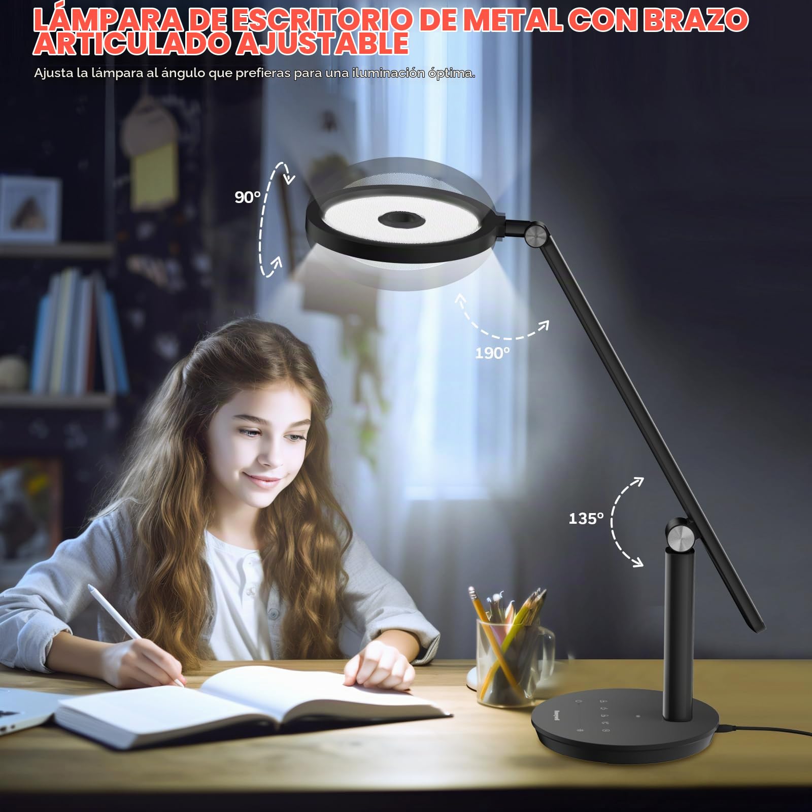 Honeywell H6 Lámpara De Escritorio LED, Lámpara Lectura Regulable, Negro | Sunturalux CRI≥97, RG0 luz azul reducida, sin parpadeo, 800LM regulable para webcam, estudio, oficina y dormitorio