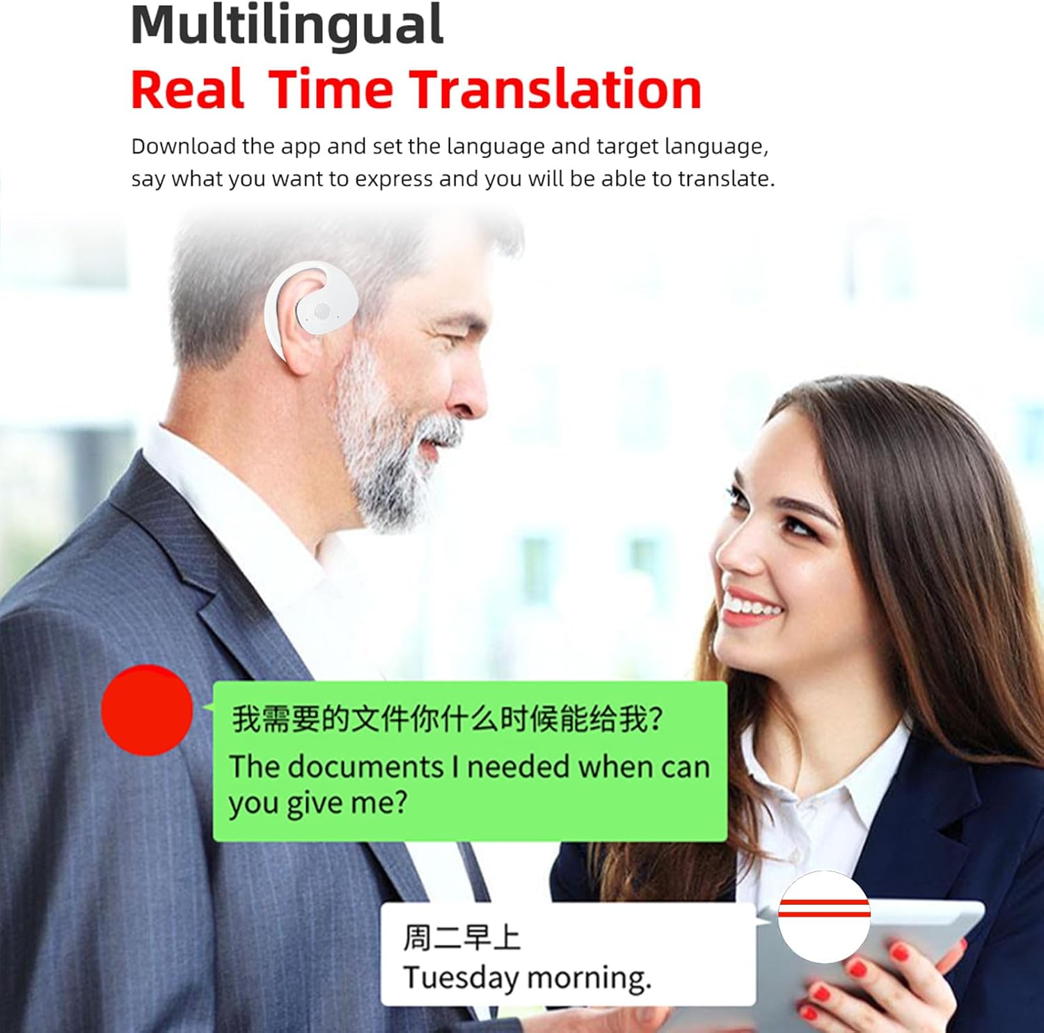 Dpofirs Language Translator Earbuds, AI Translation for 144 Languages, Bluetooth 5.3 Earphones with Touch Control, 5H Playback for Travel & Business (White)