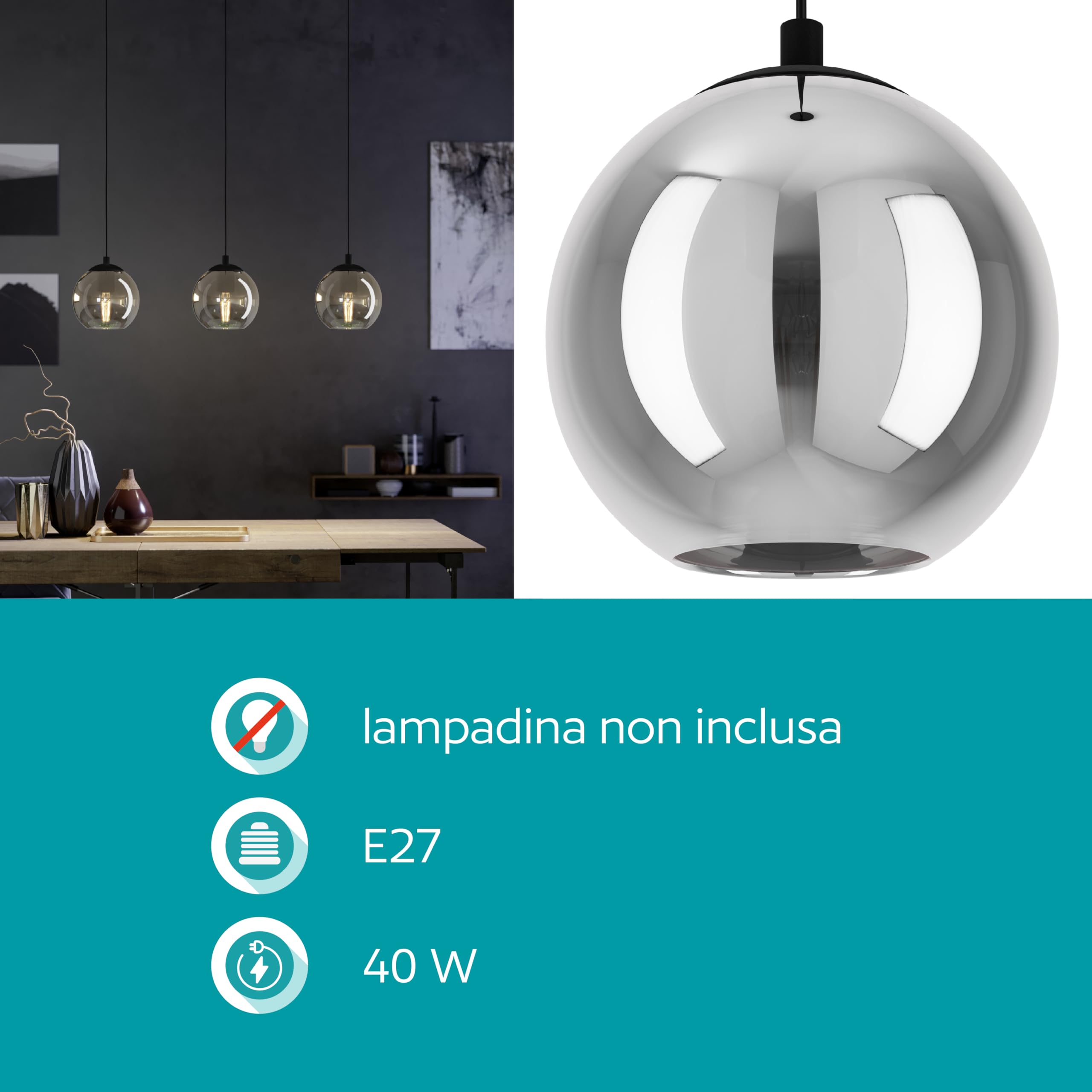 Eglo lampada a sospensione Ariscani, luce a grappolo con 3 luci da sala | da pranzo, metallo in nero e vetro fumo in nero-trasparente, illuminazione da tavolo a sospensione, attacco E27, 76,5 cm