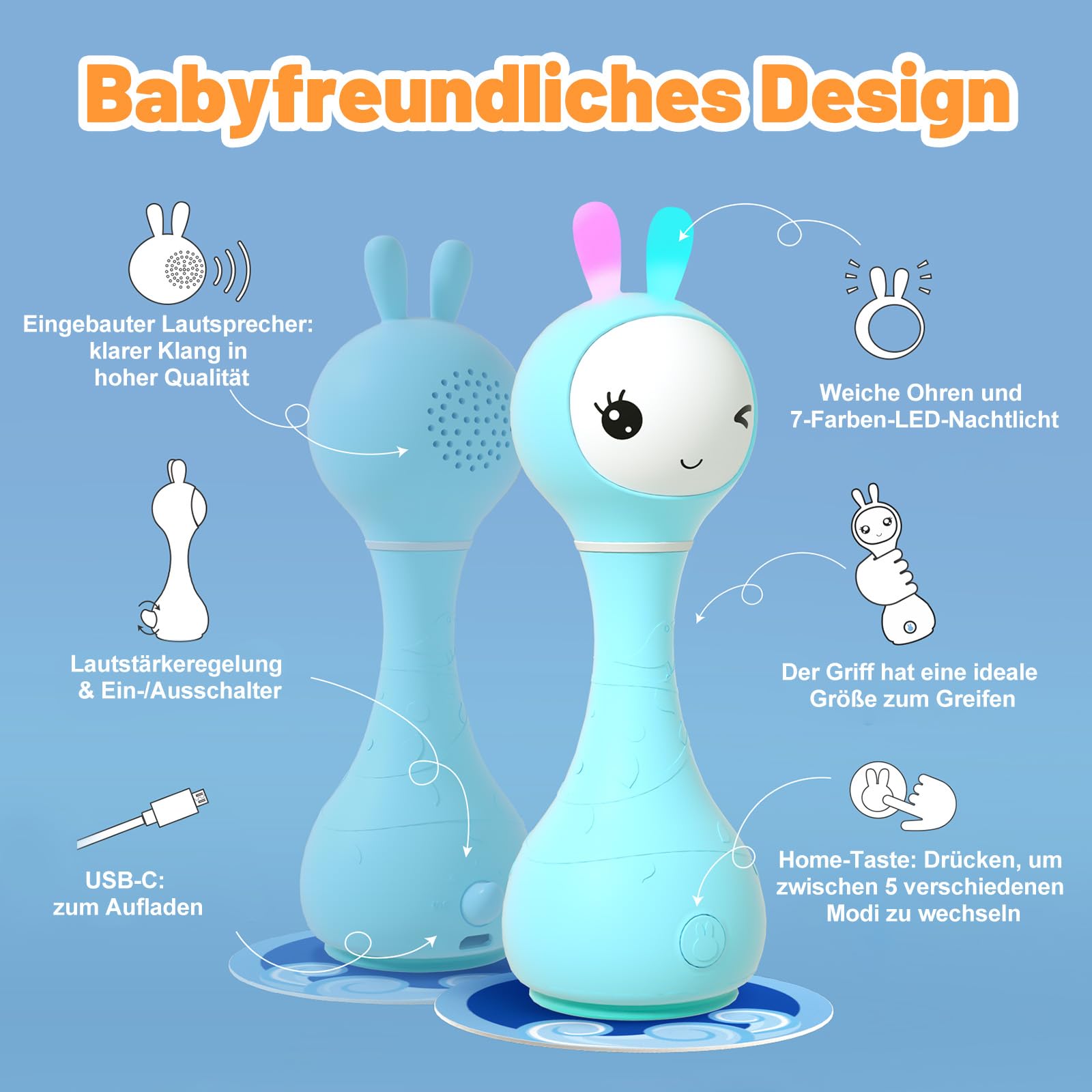 alilo Smarty Bunny Baby Rasseln, Montessori Spielzeug ab 0 3 6 12 18 24 Monate, Musikalisches Babyspielzeug mit Farberkennung, 66 Naturgeräusche & Einschlafhilfe, Baby Geschenke (Englische Version)
