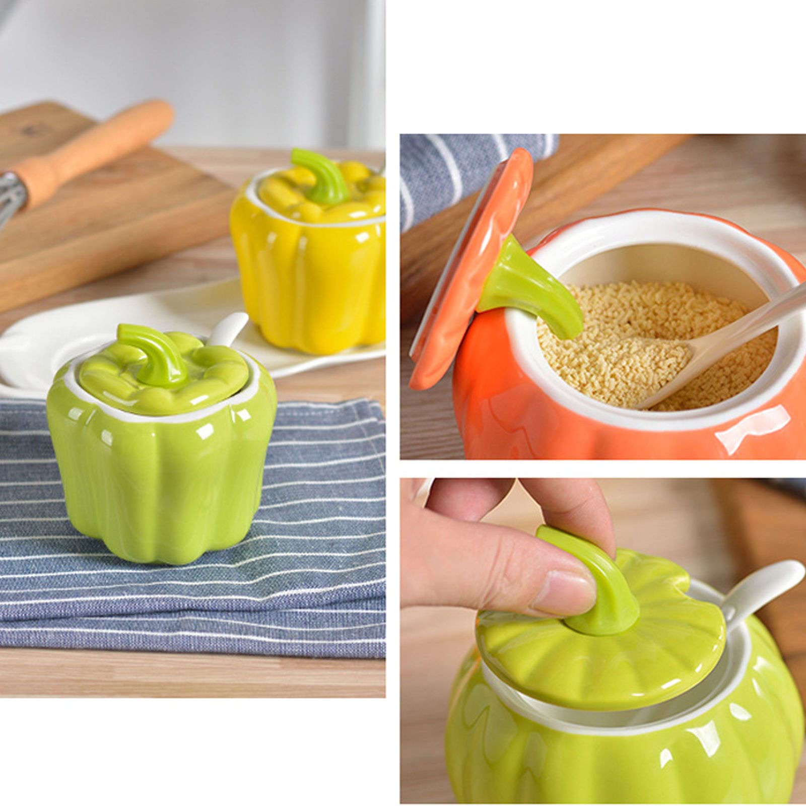 Juego de 3 azucareros coloridos de cerámica con tapa y cuchara, divertidos tarros de sal y pimienta en forma de calabaza, caja de especias con base y cuchara