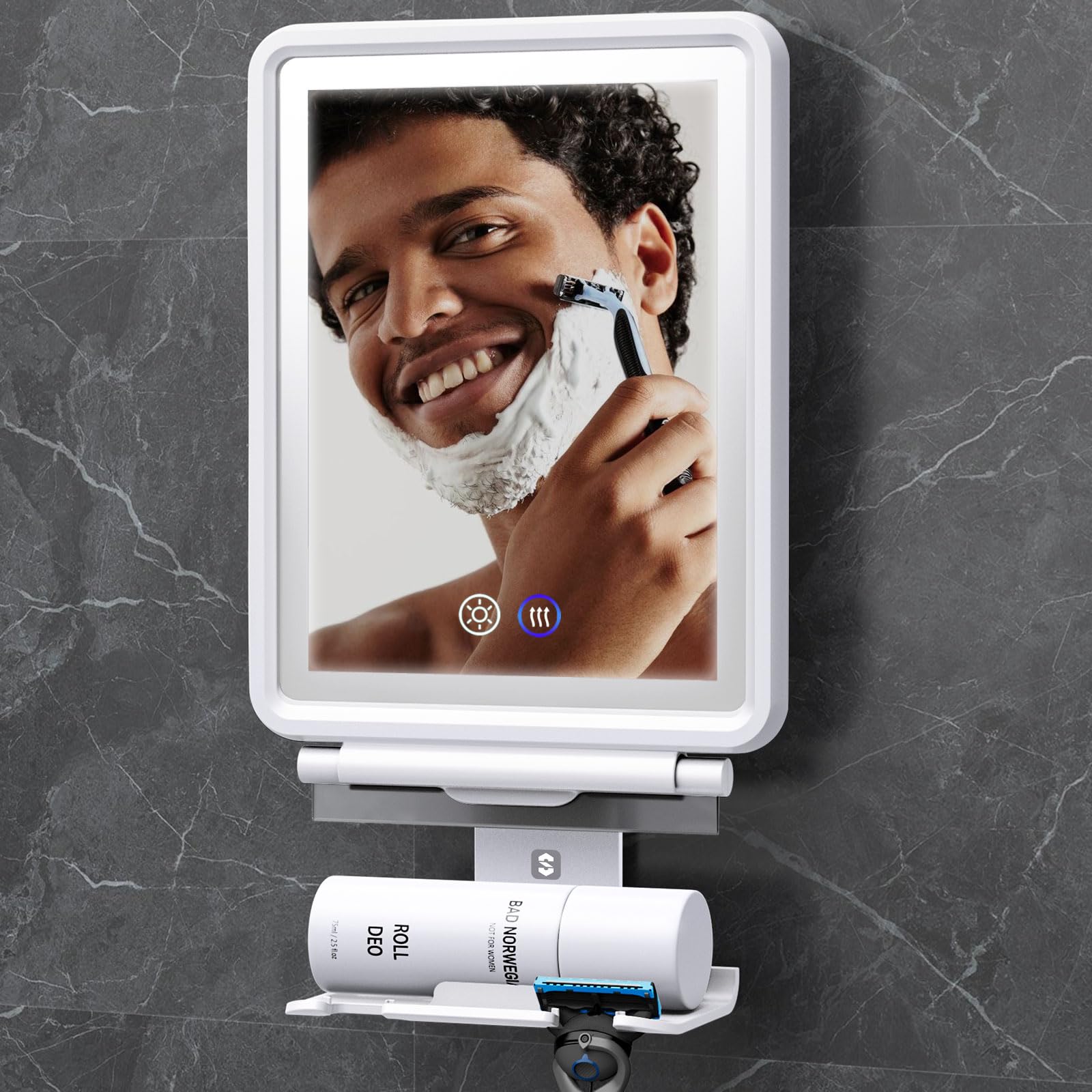 Espejo de Ducha Antivaho Calefactable，Espejo de Afeitar con Luz para Baño | 3 Colores de Luces Regulables, Espejo de Afeitado Recargable sin Niebla con Soporte para Maquinilla para Hombres