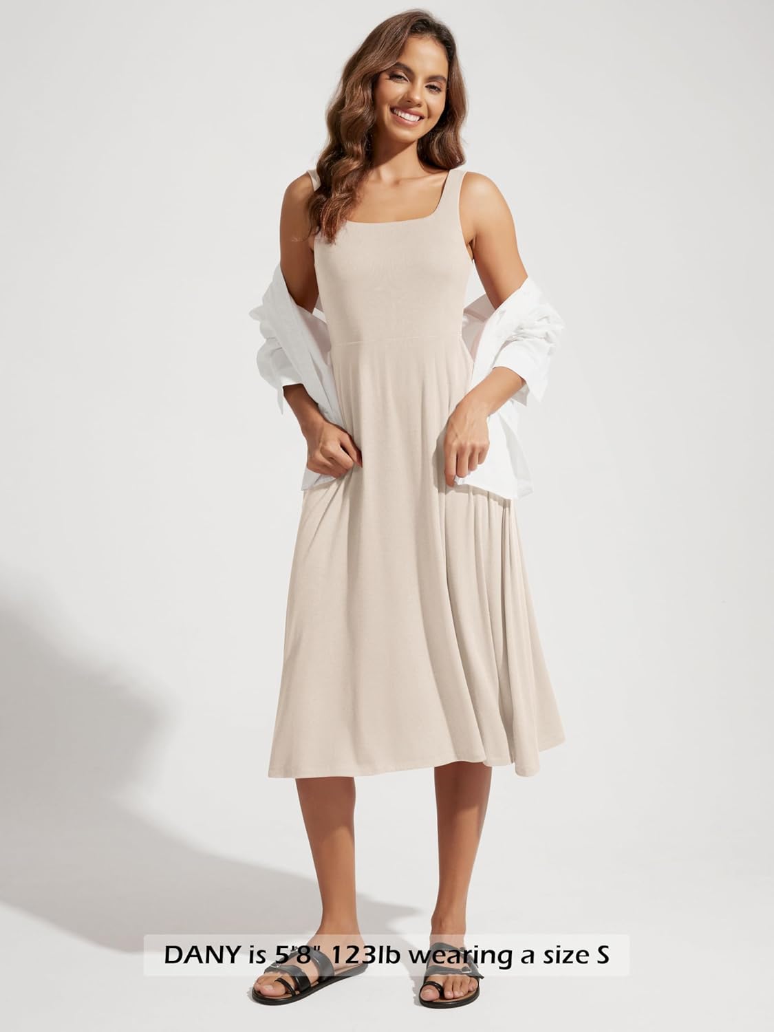 ODODOS Square Neck Midi Dress with Pockets for Women Summer Casual Sleeveless Sundress Flare Tank Dress