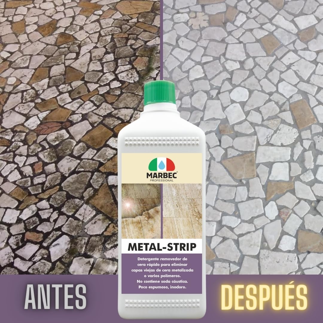 MARBEC METAL STRIP 1LTX6Uds Decerante rápido para materiales pétreos, elimina capas viejas de cera y polímeros, acción desincrustante eficaz. No contiene sosa cáustica.