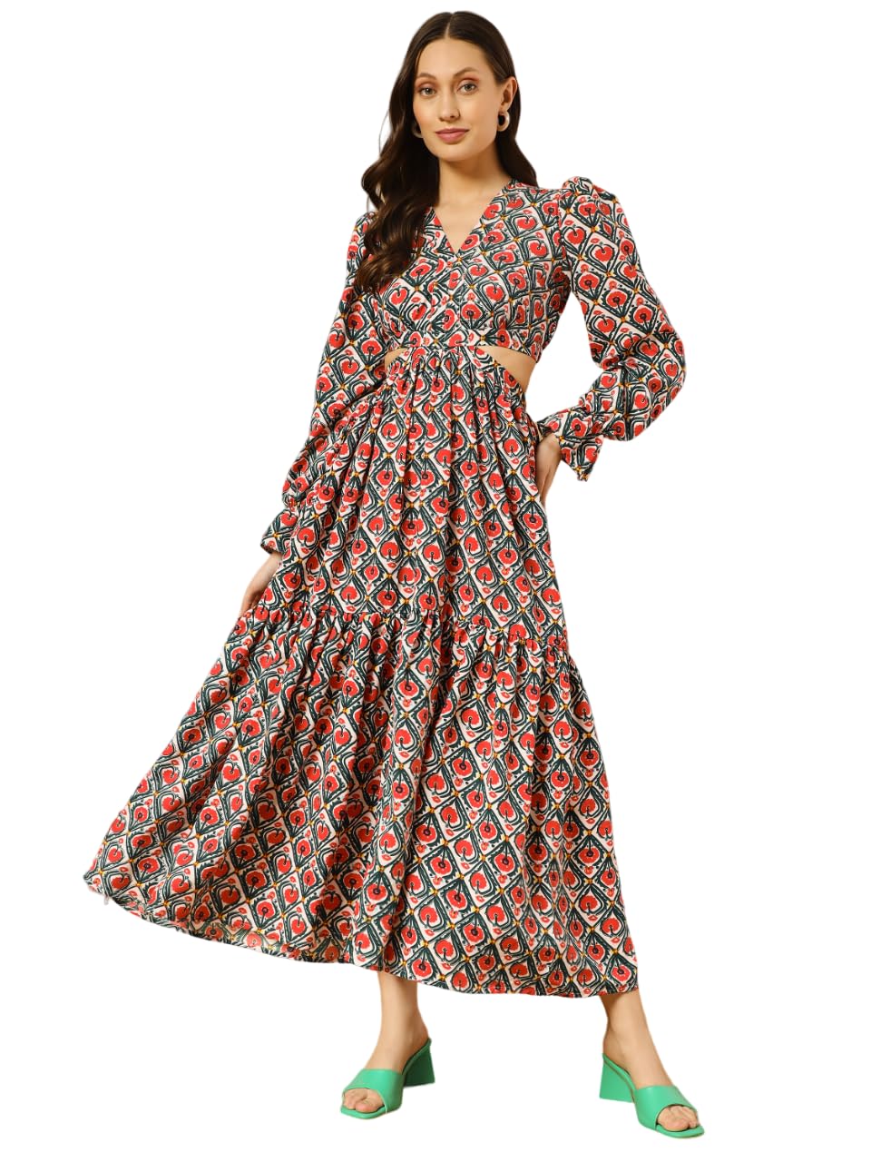 Kzully Women's Crepe A-Line Maxi Casual Dress (Sfs-2001-Red-Kaju Katli-M-Print_Red-Floral