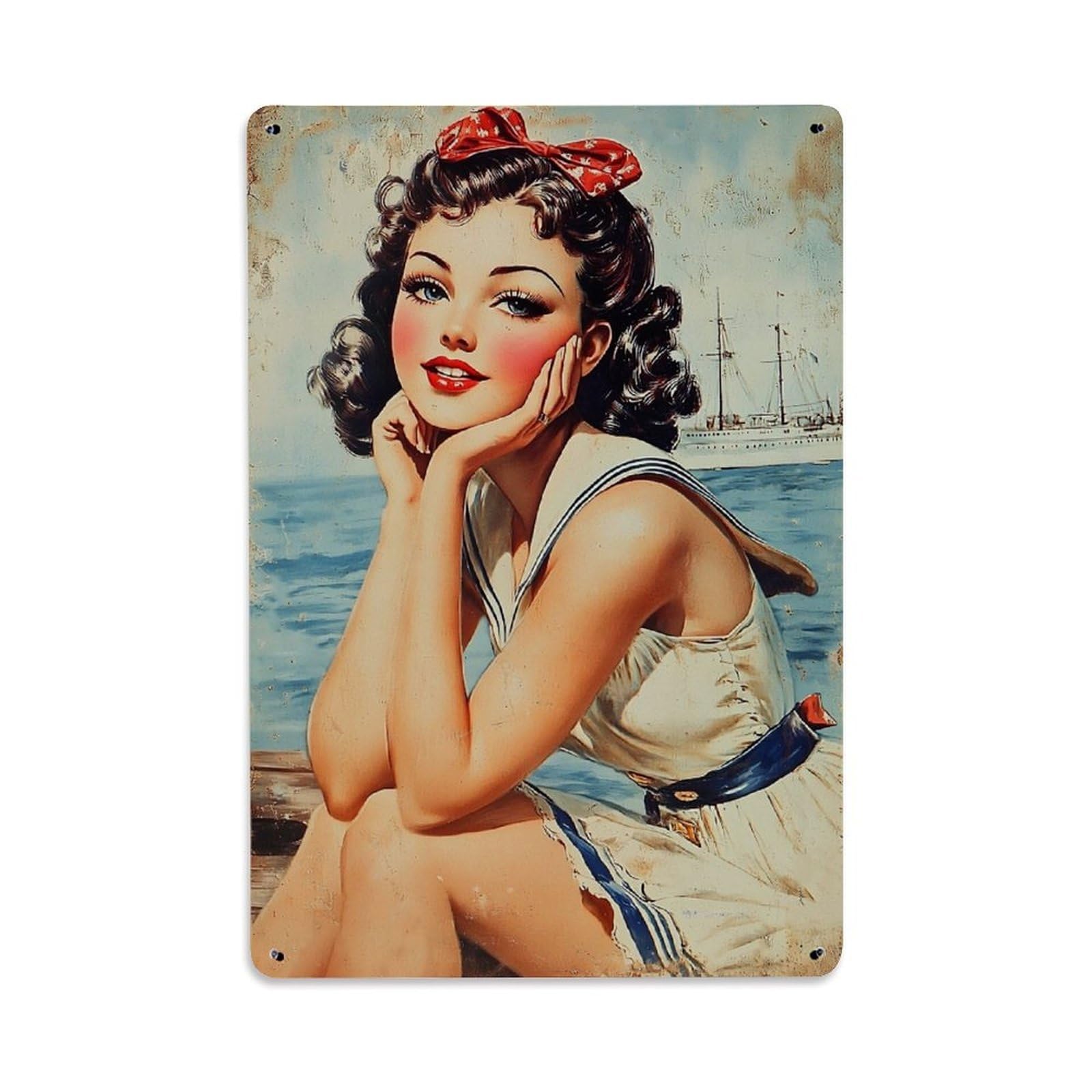 Jdfenggu Girls Vintage Nautical Pinup Sailor Art Retro Metal Tin Sign, Decor Art Poster For Bar, Home, Man Cave, Kitchen, Laundry Room Gift 8X12inch