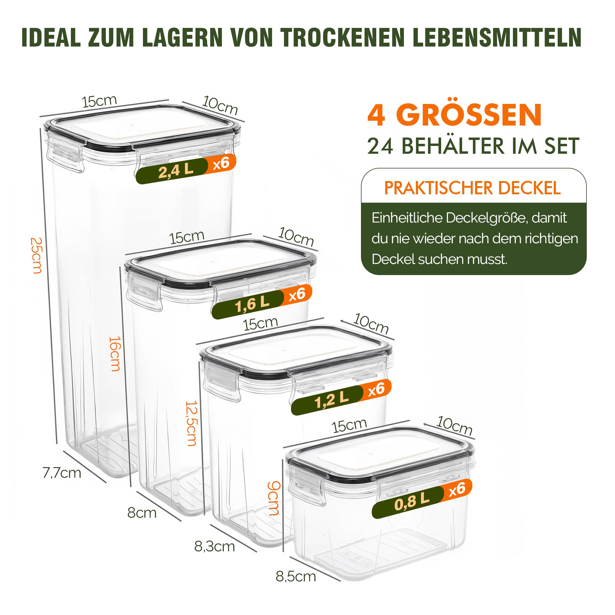 Theo&Cleo Vorratsdosen Mit Deckel Luftdicht (4 Größen), 24er Set Organizer Box, BPA-frei Aufbewahrungsbox Küche, Frischhaltedosen für Mehl, Müsli, Cornflakes, Vorratsbehälter Mit Etikett (24)