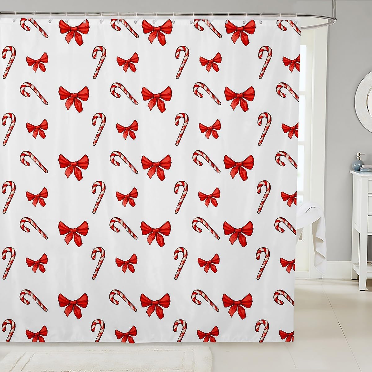 Manfei Christmas Kids Shower Curtains Red Bow Candy Cane Print Bathroom Curtains for Boys Girls Room Decor, Xmas White Waterproof Bath Curtains with 12 Hooks Suits for Bathtub, 72" W x 72" L