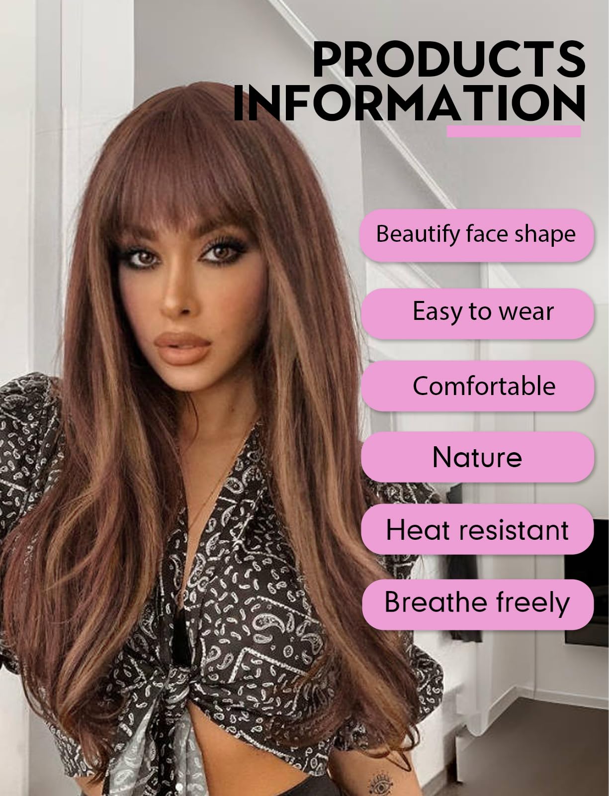 WOKESTAR Brown Wigs for Women Layered Straight Long Wig with Fringe, Brown Highlight, 26 inch - Image 2