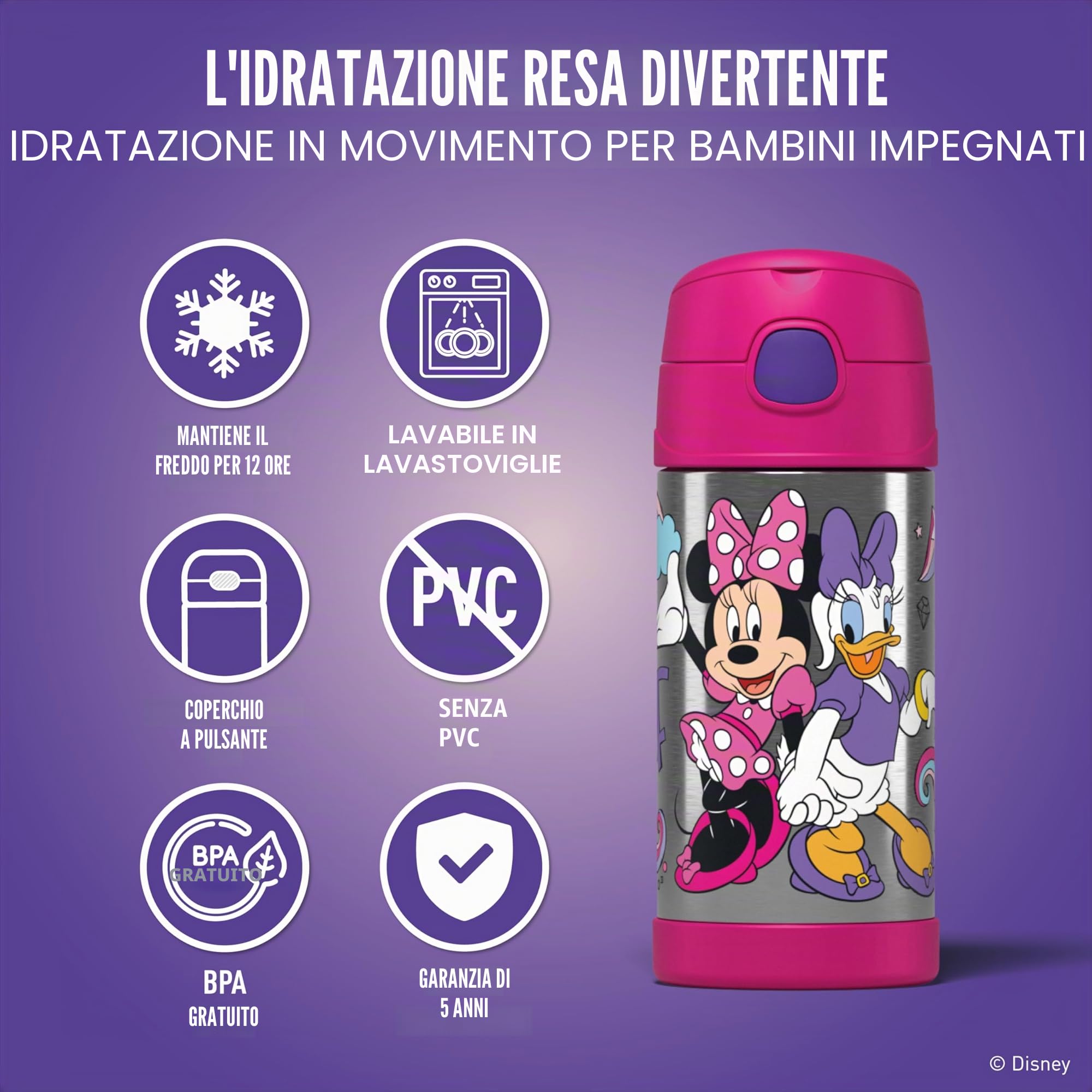 Thermos Kids FUNTAINER STRAW BOTTLE DISNEY 0,35 l, bottiglia termica per bambini in acciaio inox con cannuccia, 12 h freddo, lavabile in lavastoviglie, ermetica senza anidride carbonica, bottiglia