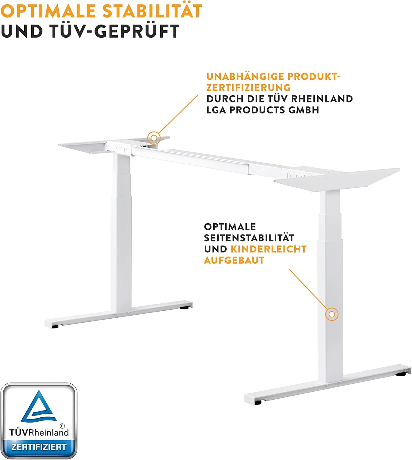 Diagram showing the TÜV Rheinland LGA Products GmbH certification for the Easydesk frame.