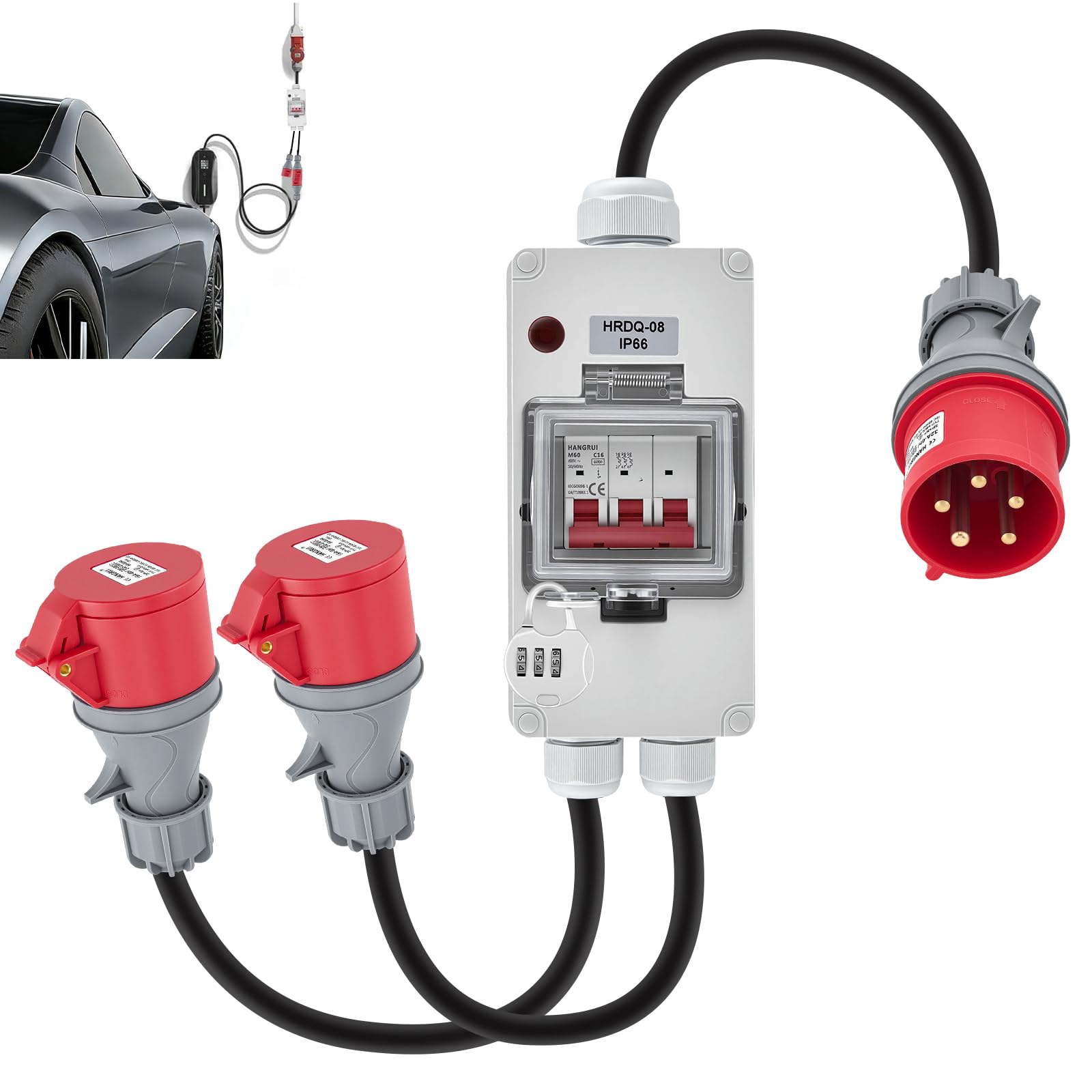 Adaptateur d'Alimentation CEE 32A à 16A X2 avec Disjoncteur, Cuivre pur 5 Broches 400V 1,5M Couplage IP44 Distributeur d'Alimentation Robuste, pour l'industrie du Camping-car Caravane, aux Ateliers