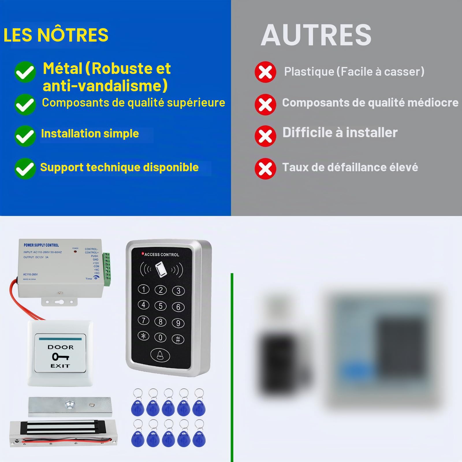 Kit de système de contrôle d'accès autonome avec serrure magnétique de 180 kg/350 lb, alimentation 12V 3A, bouton de sortie et 10 porte-clés RFID 125 kHz pour le contrôle d'accès du système de