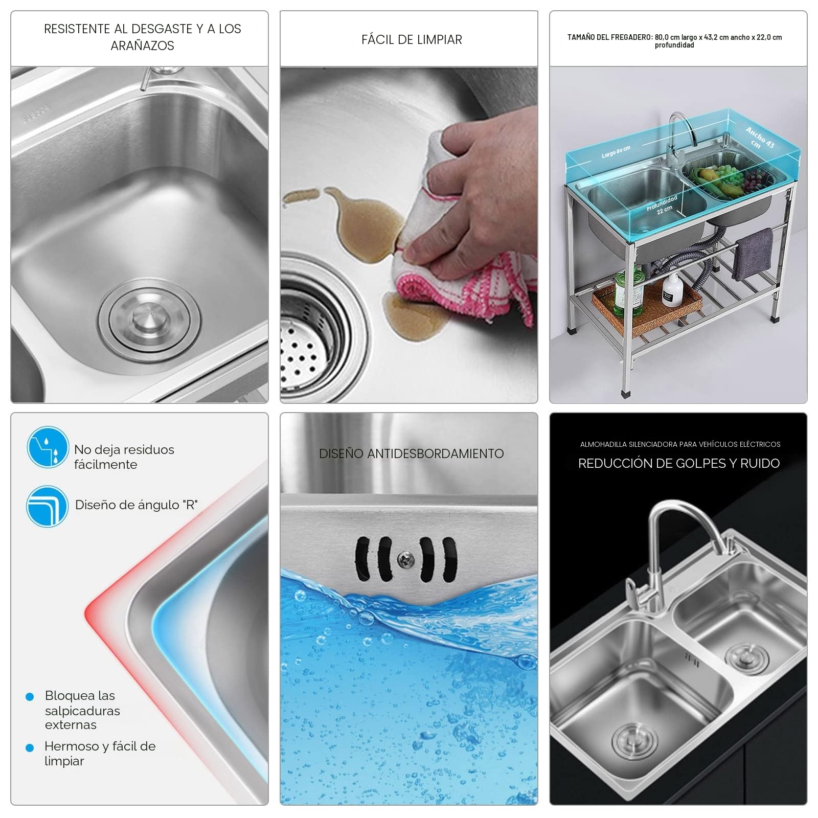 Fregadero acero inox con Patas Acero Independientes Fregadero Multiusos con Mesa de Trabajo y Grifo Mezclador Frío Calor para Interior y Exterior,80cm