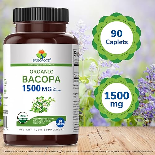 Miniatura 6 de Brieofood Bacopa Orgánica 1500mg, 45 Porciones, Vegetariana, Sin Gluten, 90 Tabletas Vegetarianas..