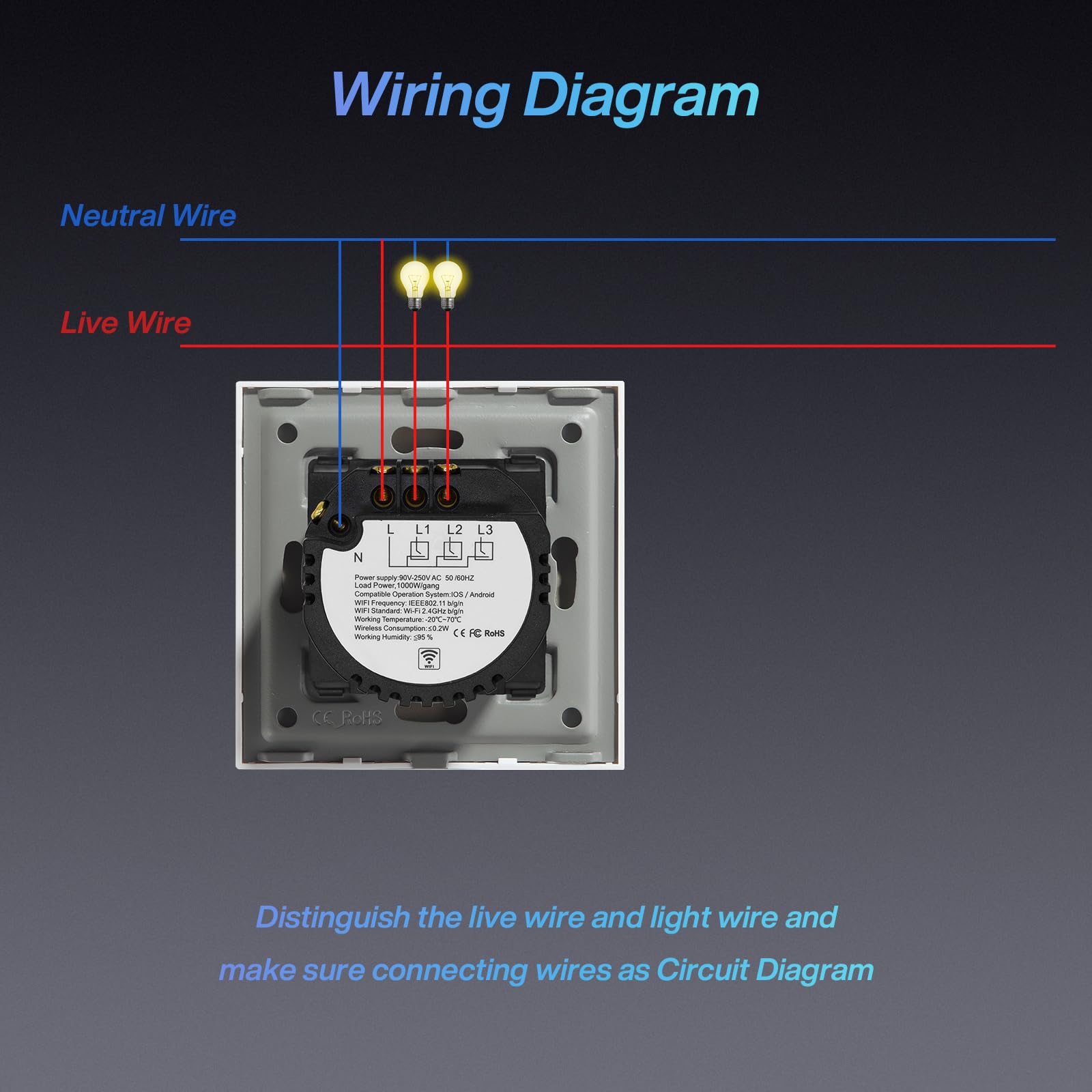 BSEED Interruptor Inteligente WIFI,Interruptores Tactil Con Cristal,Compatible con Alexa,Tuya y Smart Life,Requiere Cable Neutro,2 Gang 1 Vía,86mm Blanco — view 8