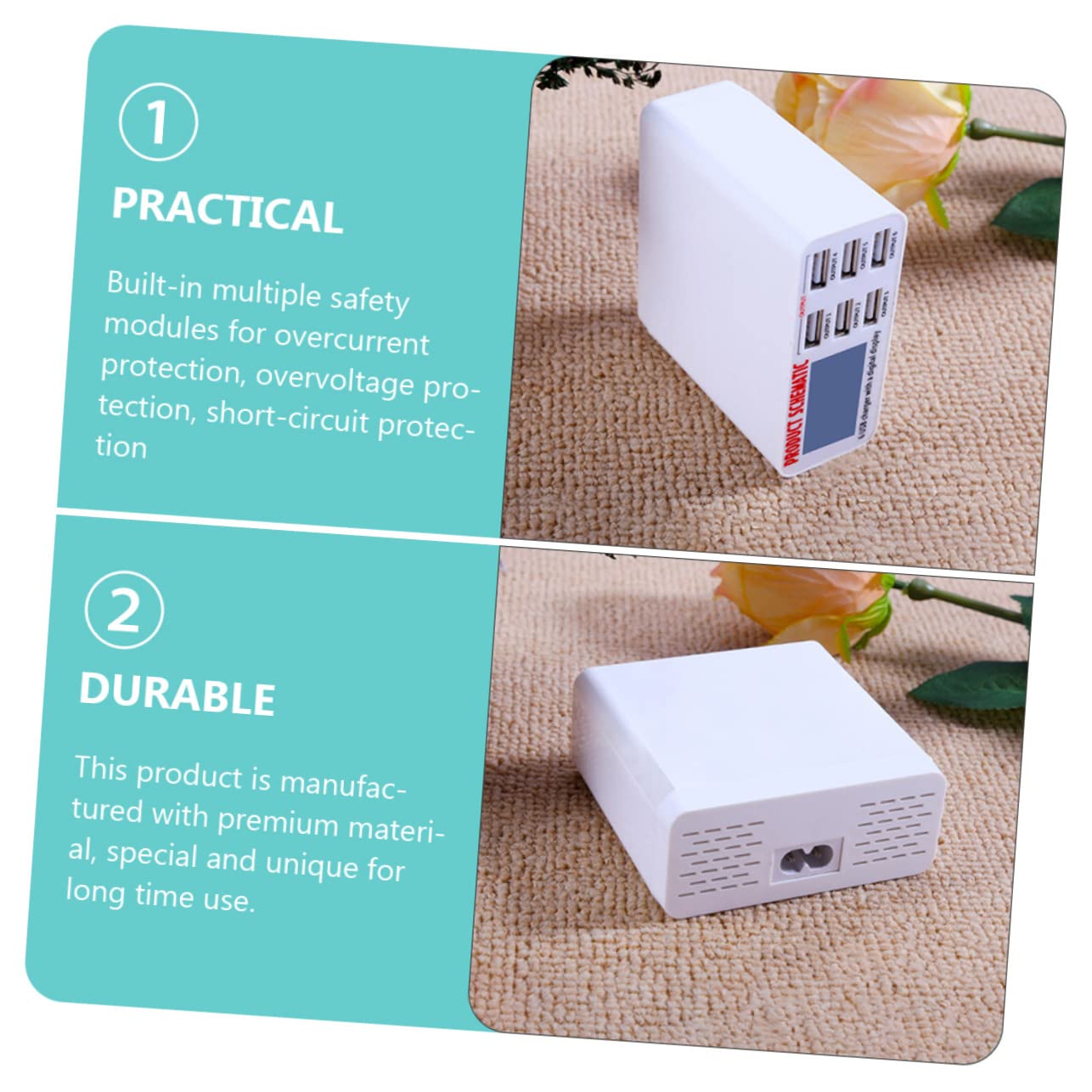 Operitacx Chargeur Secteur Multiports USB 6 Ports Écran LCD 40w en Abs Pc, Protection Court-Circuit, Recharge Simultanée de 10 Appareils Mobiles