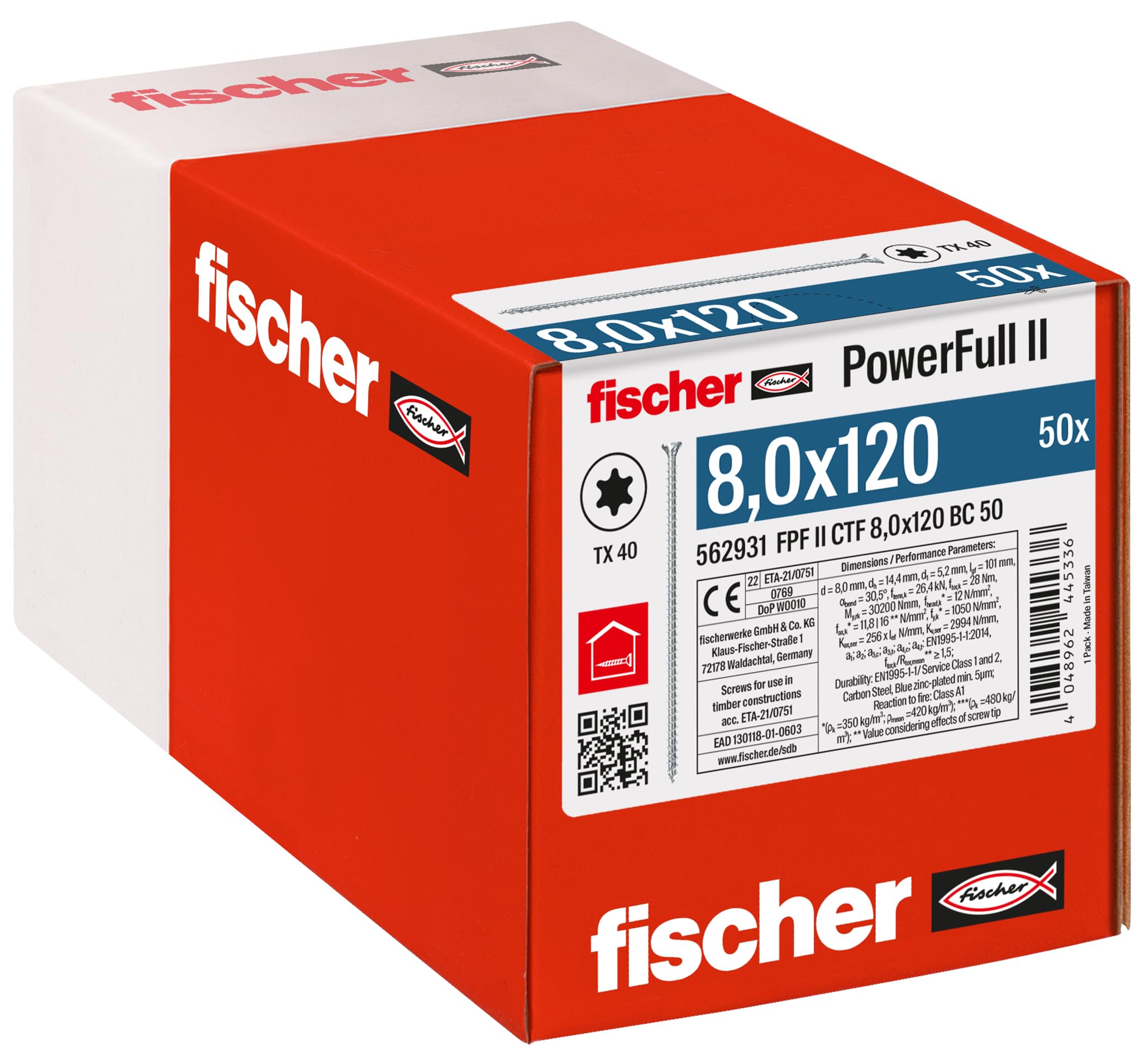 fischer PowerFull II 8.0 x 120, Premium Fully Threaded Screw (Pack of 50) with Innovative Tip Geometry