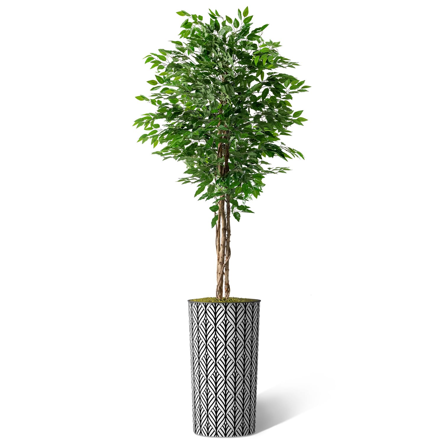 Artificial Tree in Black and White Geometric Planter, Fake Ficus Silk Tree for Indoor and Outdoor Home Decoration - 75" Overall Tall (Plant Pot Plus Tree)