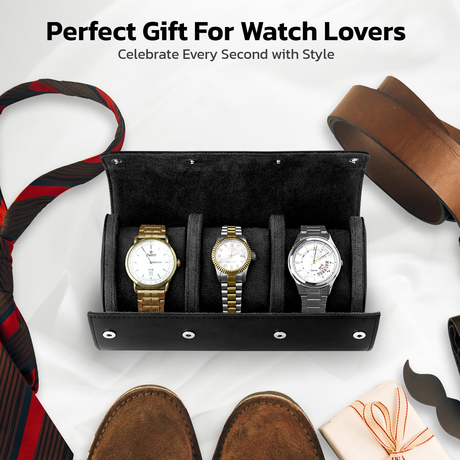 W&S - Estuche de viaje para relojes para hombres y mujeres con organizador de almacenamiento de 3 relojes, almacenamiento seguro con innovadoras almohadas extraíbles y separadores sólidos para