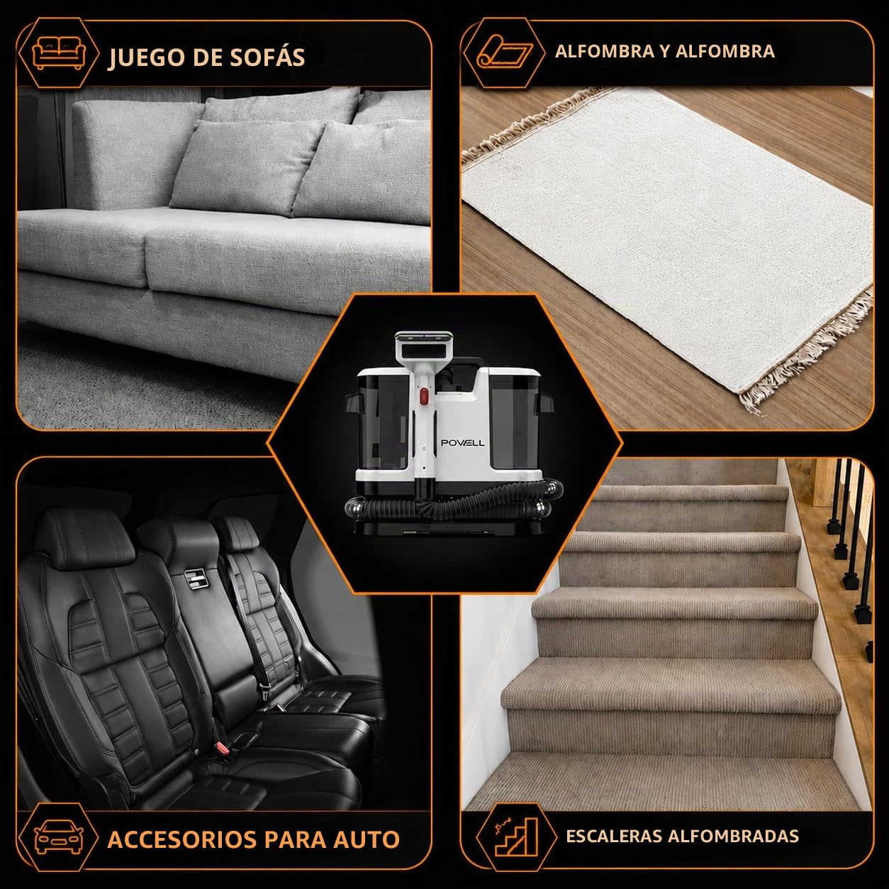 Powell Limpiadoras de alfombras portátiles – 450 W para tapicerías y eliminación de manchas | Limpiador de tejidos de mano para sofás, sillones, alfombras, asientos de coche y colchones (blanco)