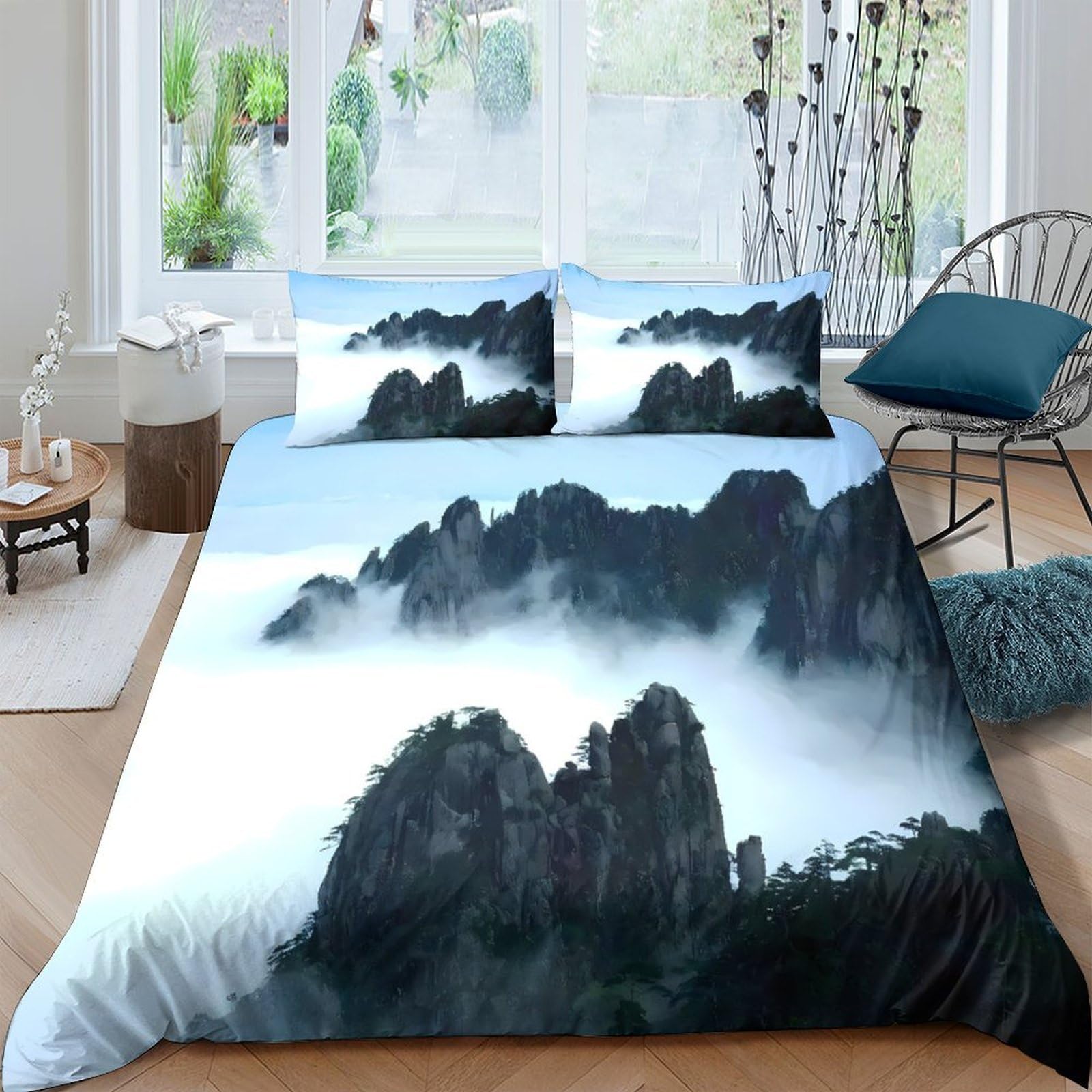 GPLZQXKJNH 3D Printed Misty Mountain Landscape Duvet Cover Microfiber Soft Breathable Forest Peaks Bedding Set with 2 Pillowcases for Bedroom Decor Single（135x200cm）
